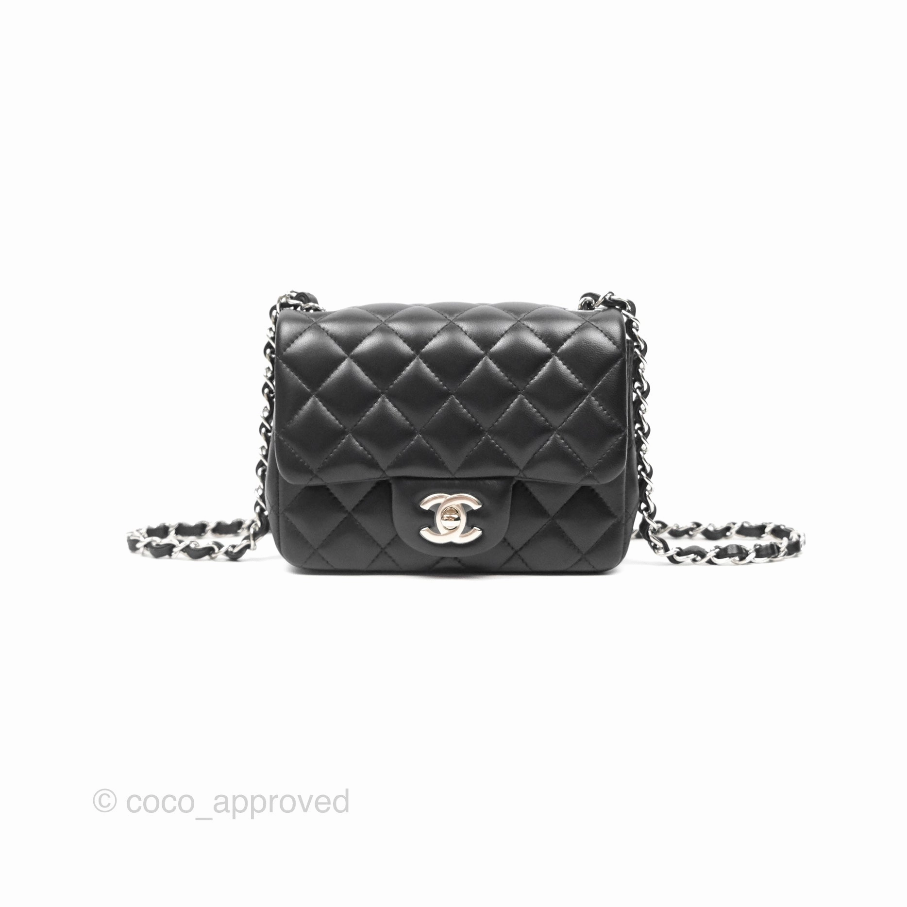 Chanel Mini Square Flap Quilted Black Lambskin Silver Hardware