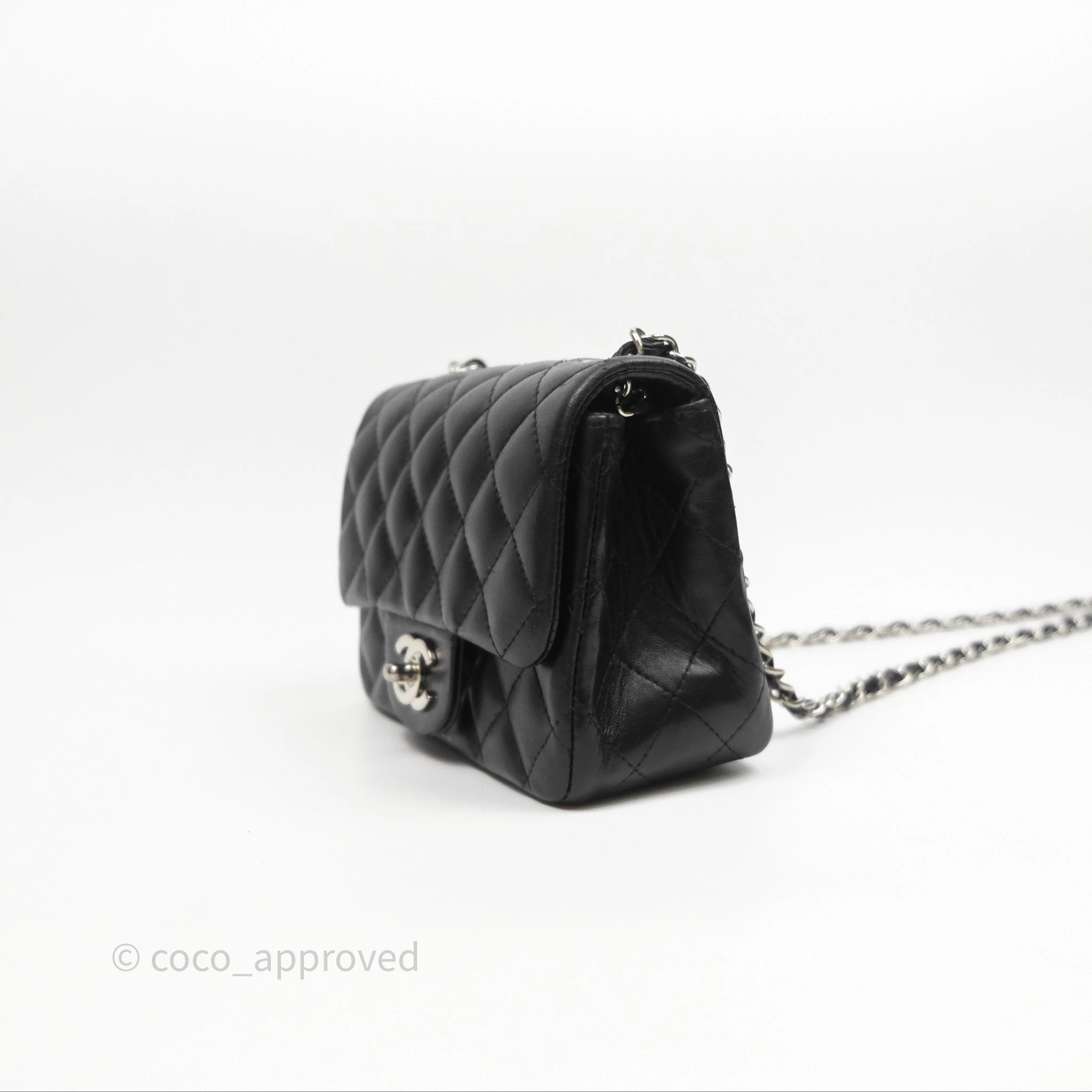 Chanel Mini Square Flap Quilted Black Lambskin Silver Hardware