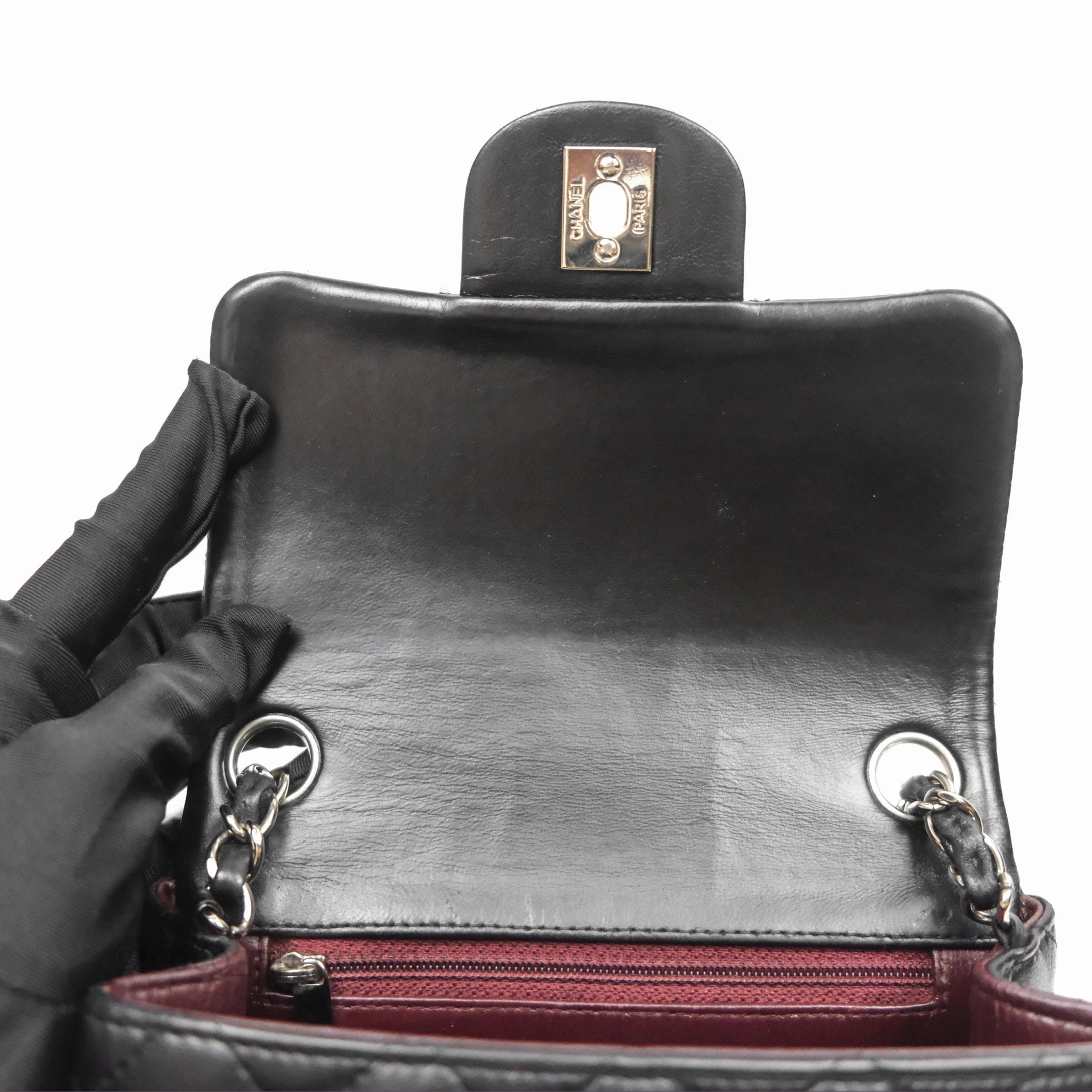 Chanel Mini Square Flap Quilted Black Lambskin Silver Hardware