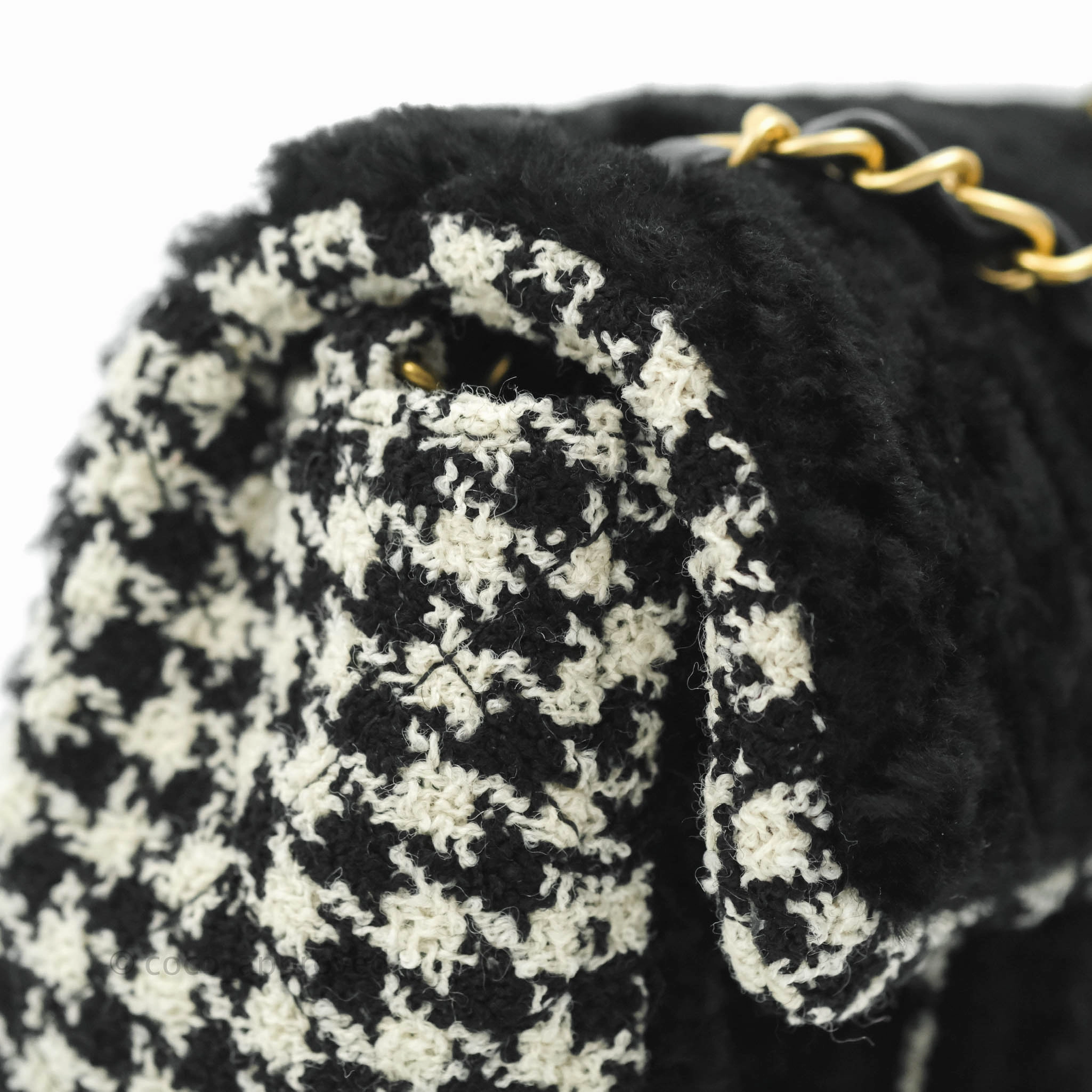 Chanel Mini Square Flap Shearling & Tweed Black & White Aged Gold Hardware 20A