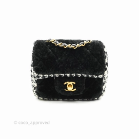 Chanel Mini Square Flap Shearling & Tweed Black & White Aged Gold Hardware 20A