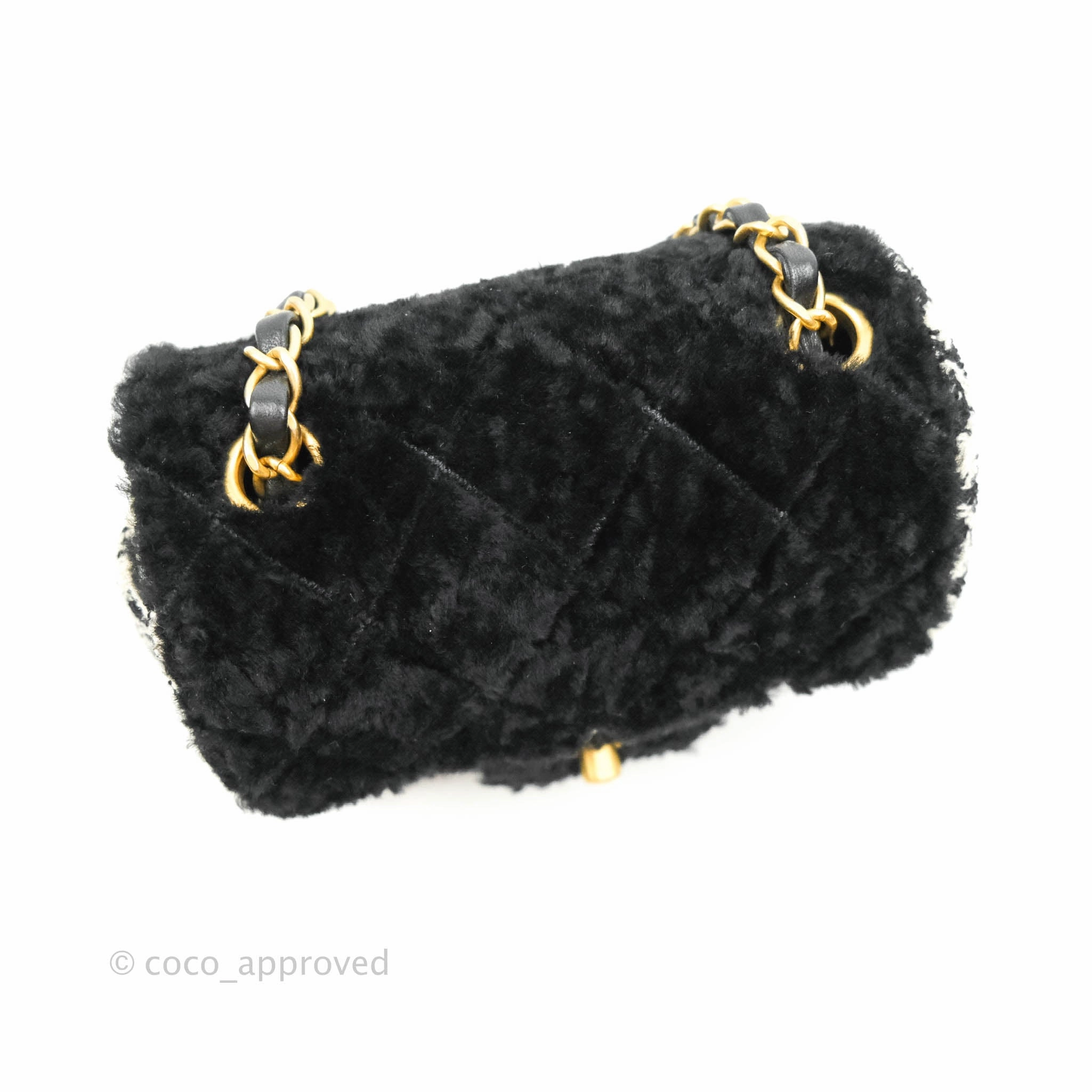 Chanel Mini Square Flap Shearling & Tweed Black & White Aged Gold Hardware 20A