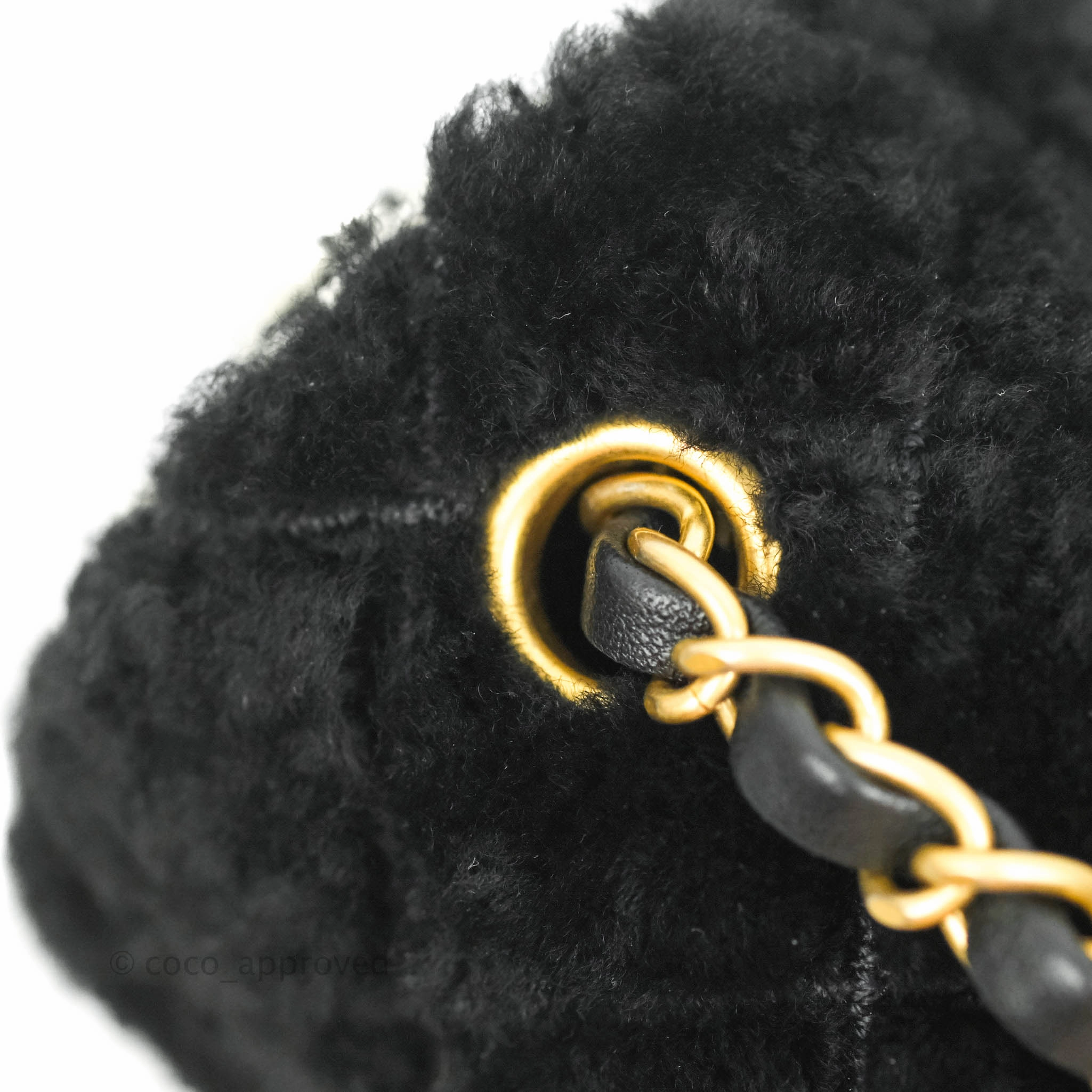 Chanel Mini Square Flap Shearling & Tweed Black & White Aged Gold Hardware 20A