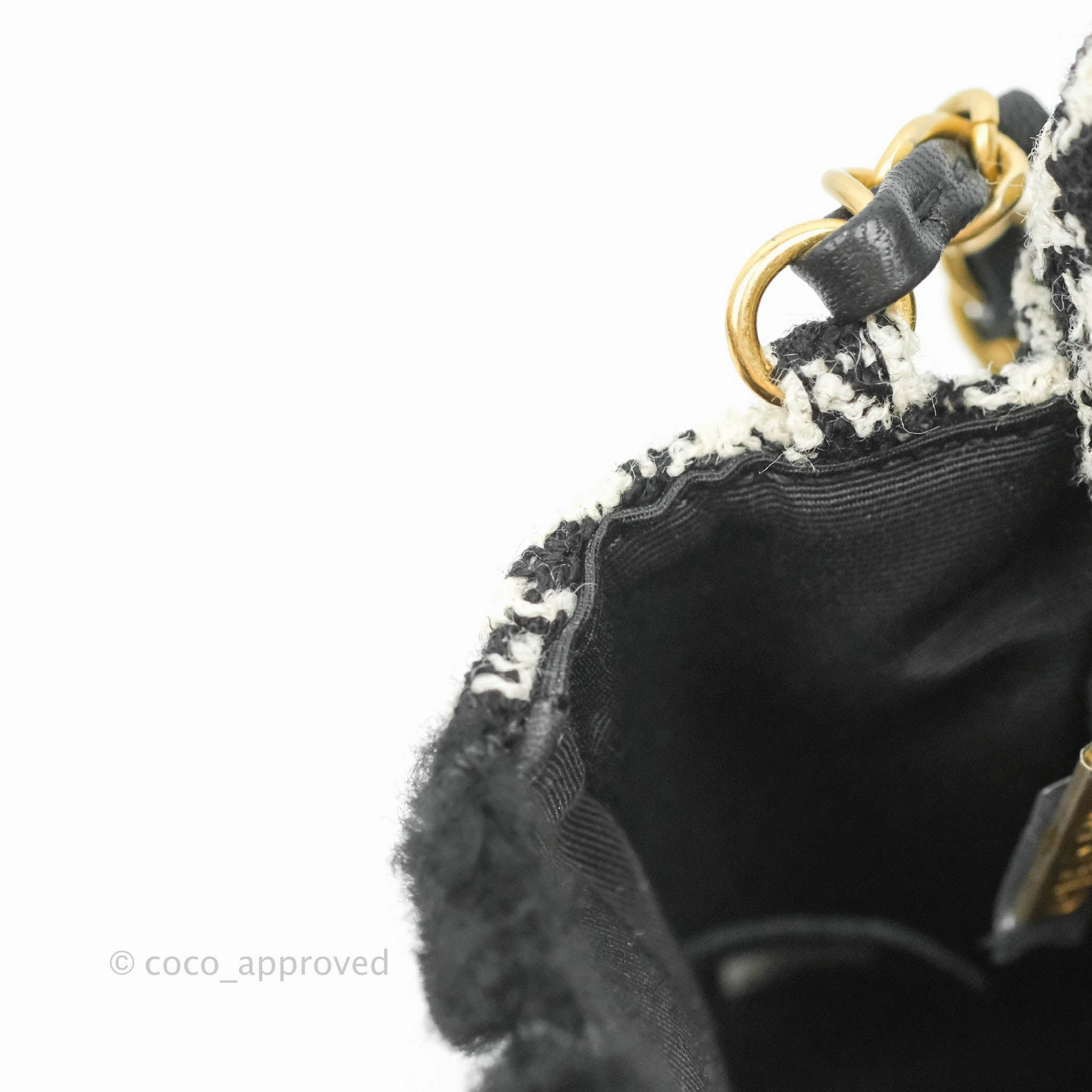 Chanel Mini Square Flap Shearling & Tweed Black & White Aged Gold Hardware 20A