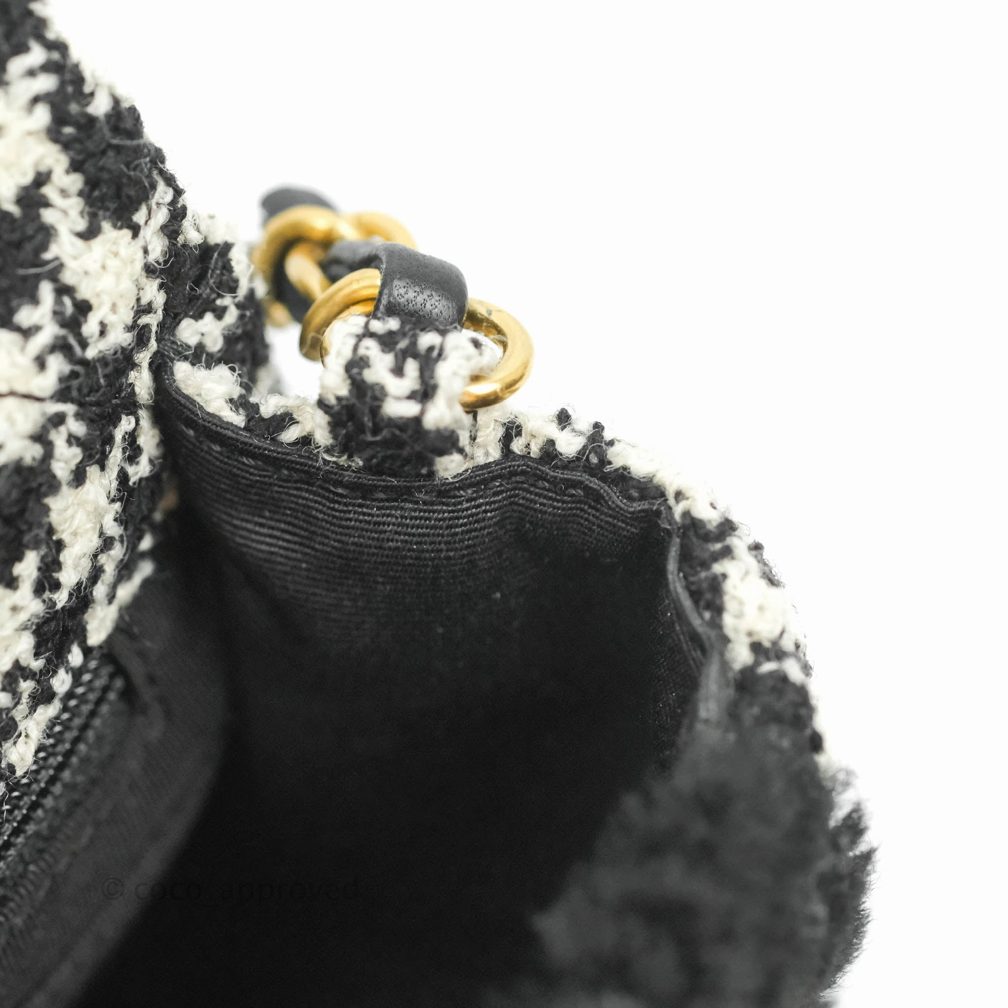 Chanel Mini Square Flap Shearling & Tweed Black & White Aged Gold Hardware 20A