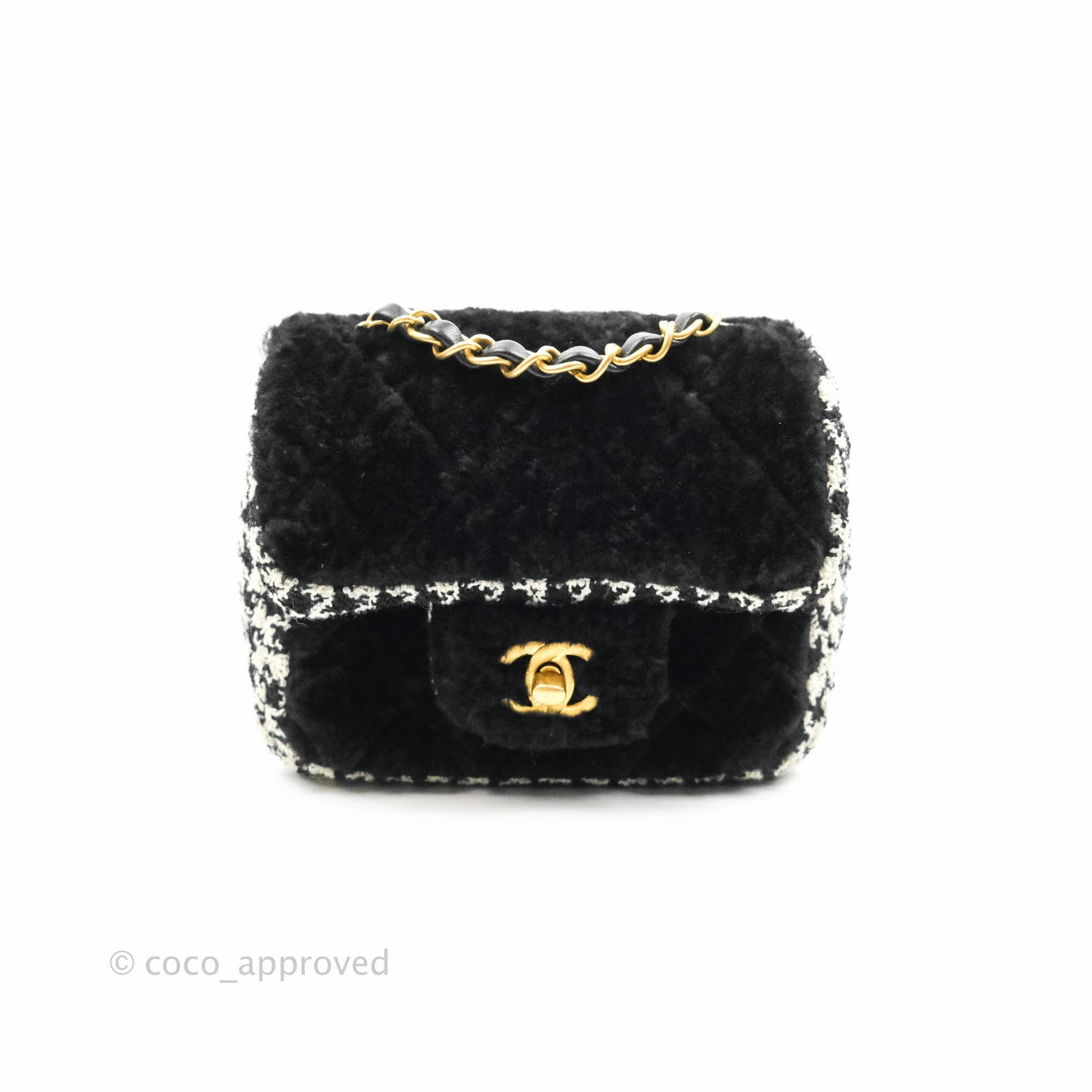 Chanel Mini Square Flap Shearling & Tweed Black & White Aged Gold Hardware 20A