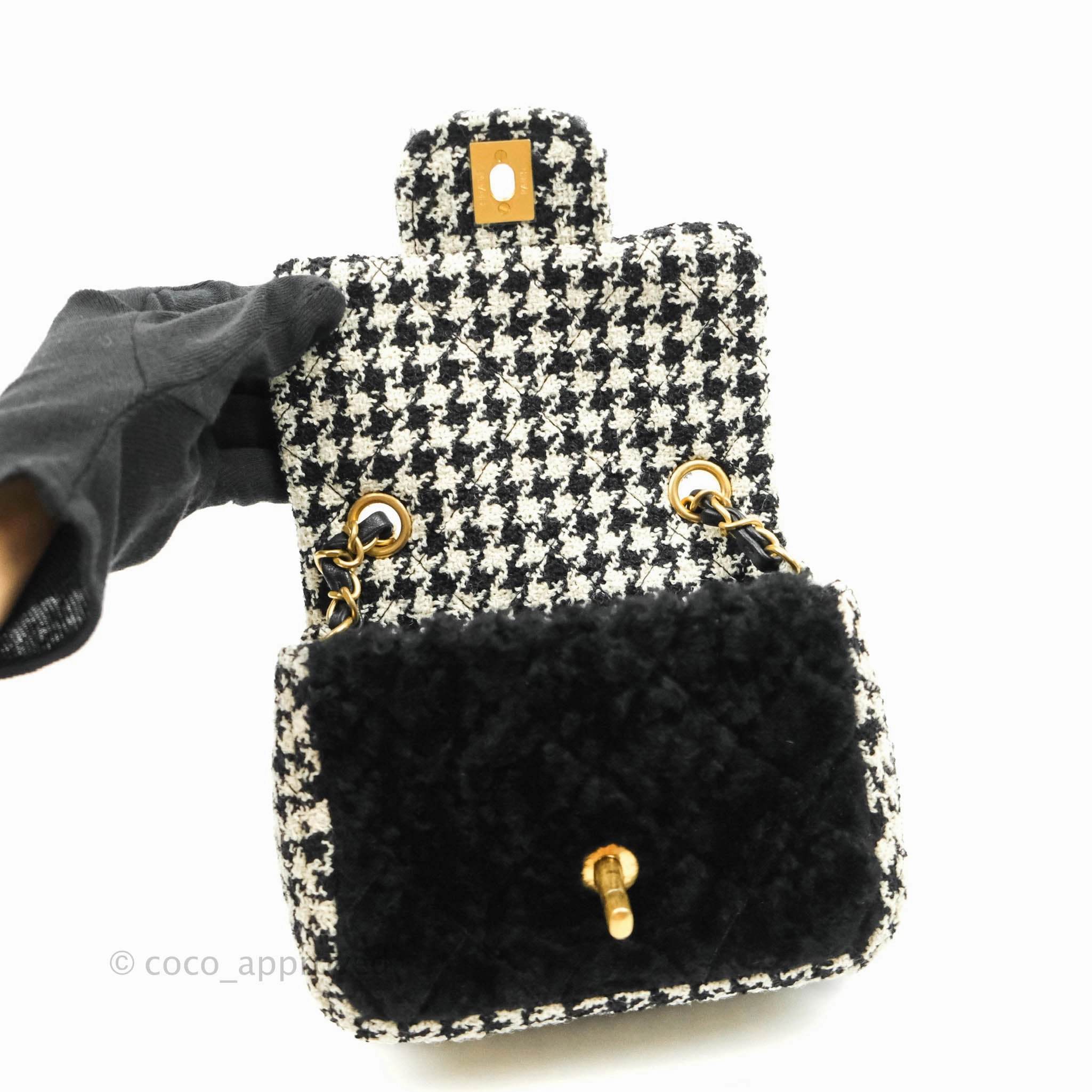 Chanel Mini Square Flap Shearling & Tweed Black & White Aged Gold Hardware 20A