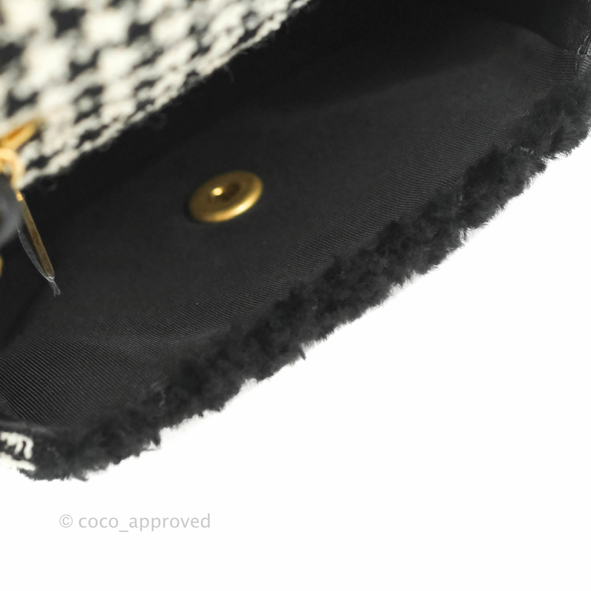 Chanel Mini Square Flap Shearling & Tweed Black & White Aged Gold Hardware 20A