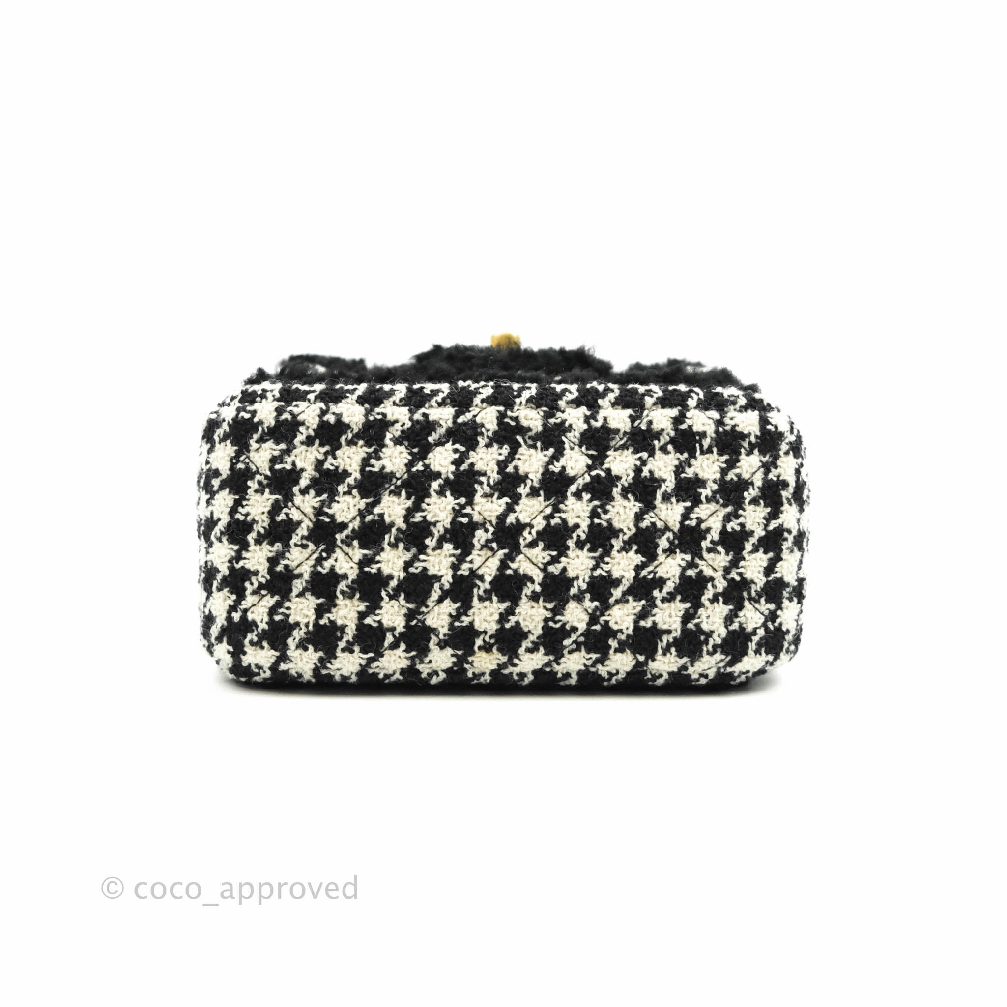 Chanel Mini Square Flap Shearling & Tweed Black & White Aged Gold Hardware 20A