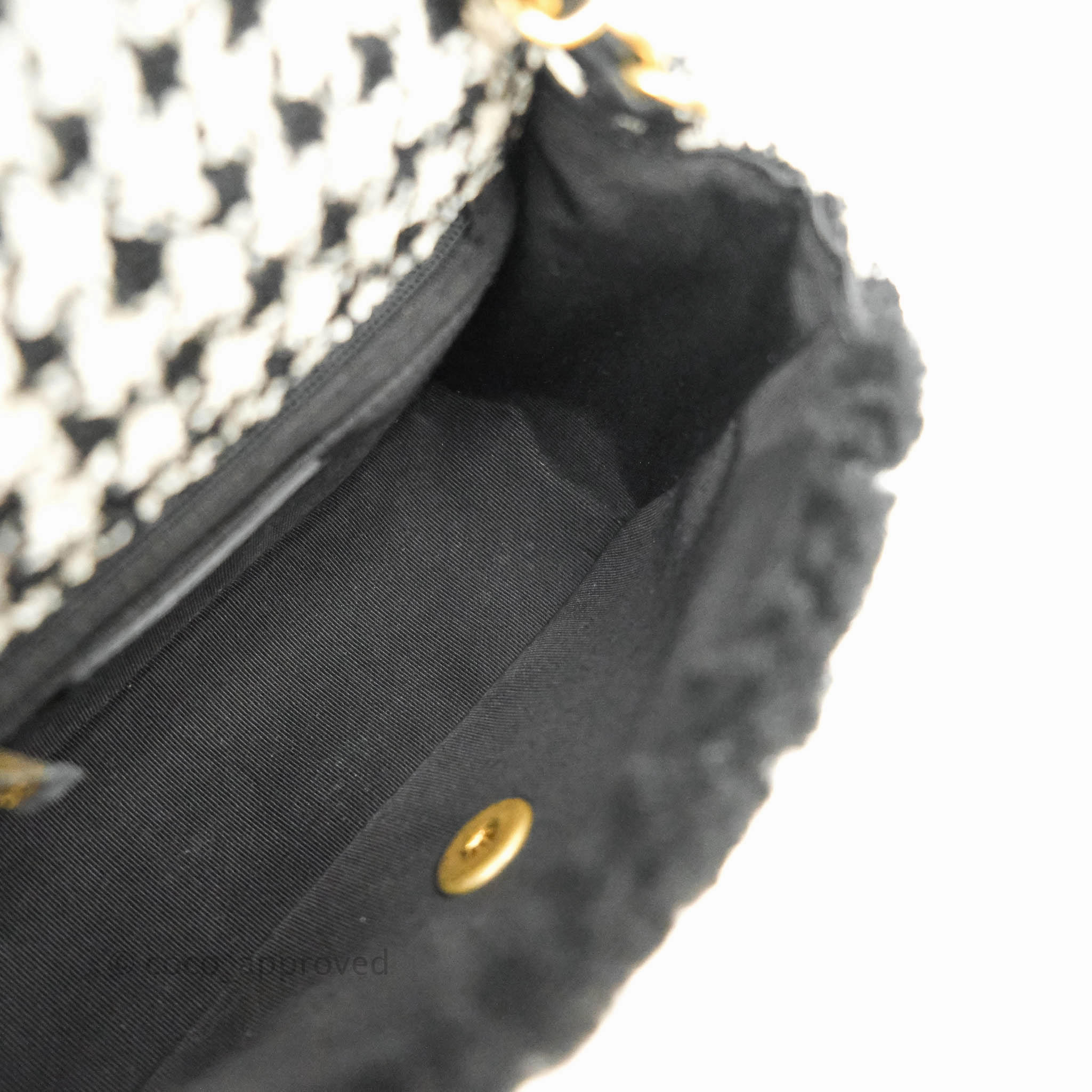 Chanel Mini Square Flap Shearling & Tweed Black & White Aged Gold Hardware 20A