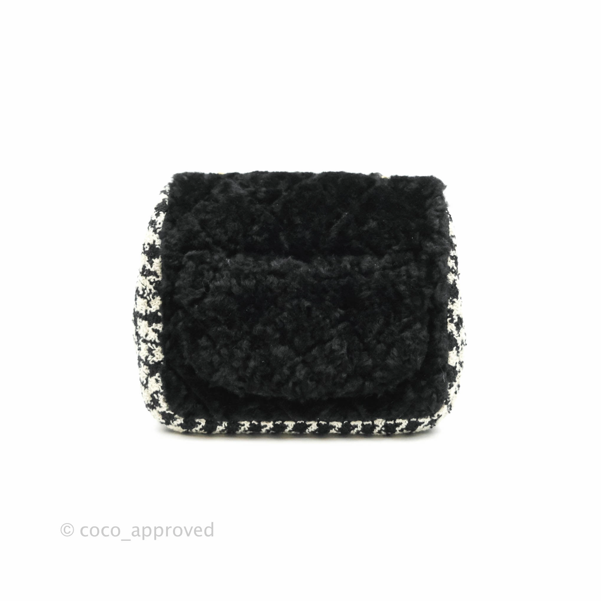 Chanel Mini Square Flap Shearling & Tweed Black & White Aged Gold Hardware 20A