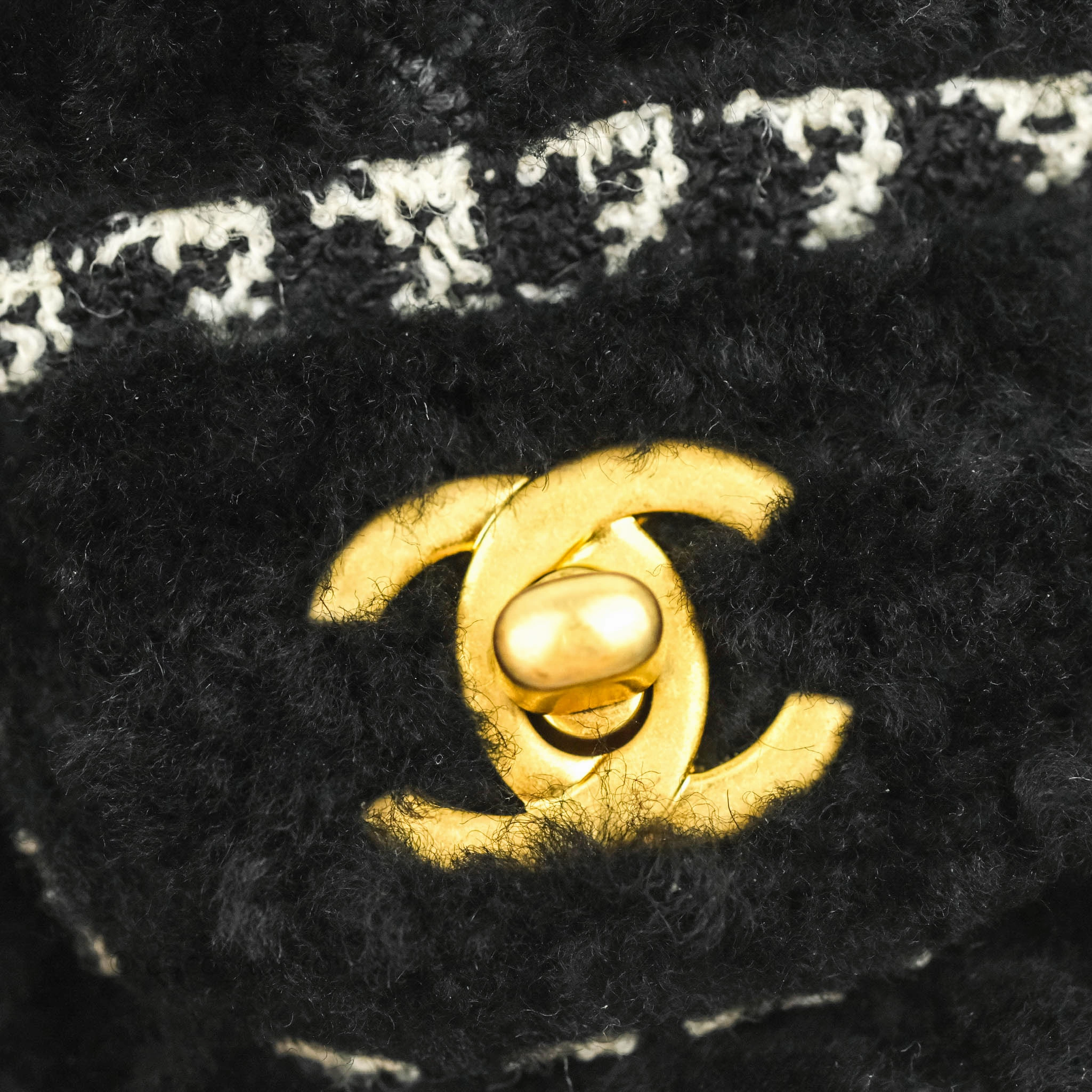 Chanel Mini Square Flap Shearling & Tweed Black & White Aged Gold Hardware 20A