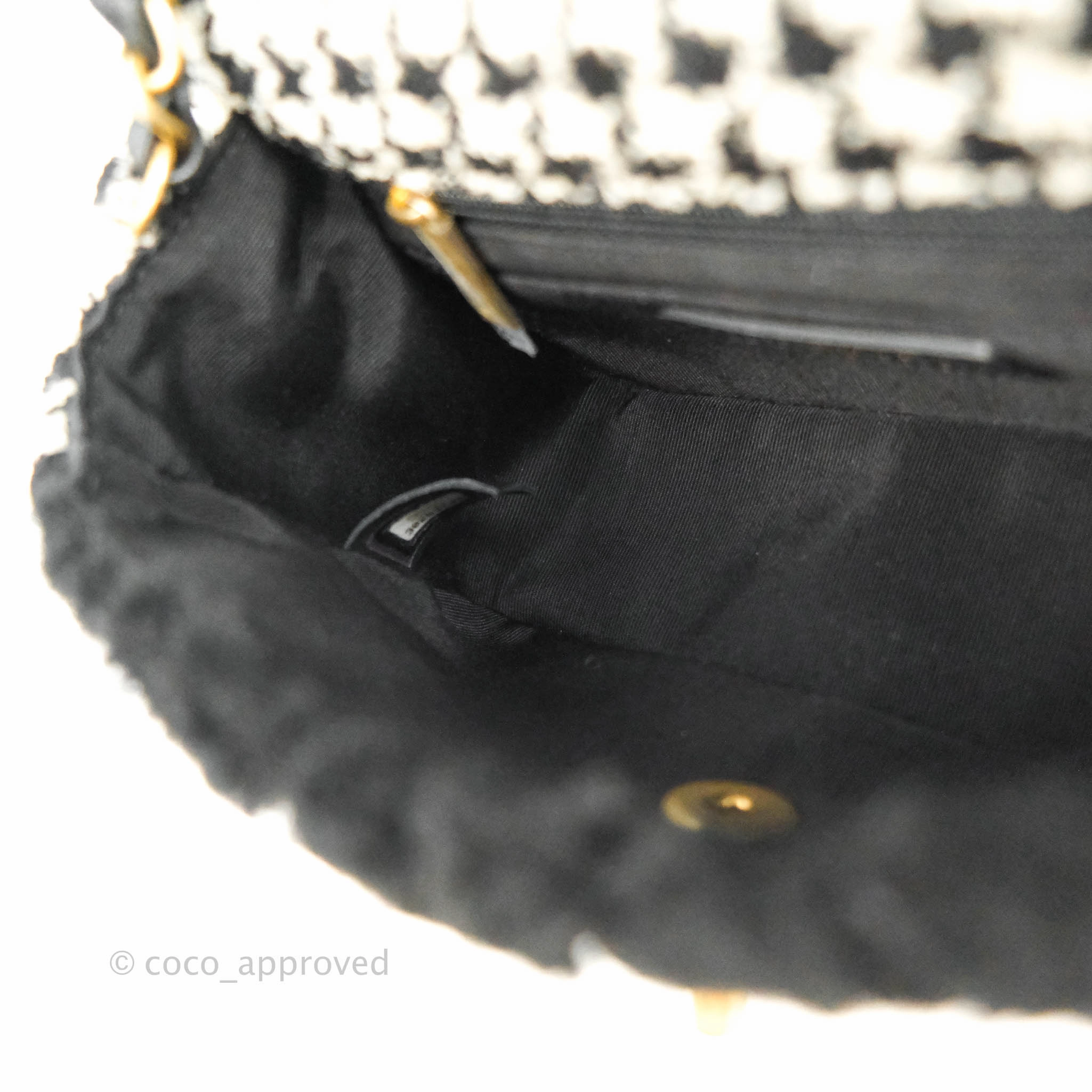 Chanel Mini Square Flap Shearling & Tweed Black & White Aged Gold Hardware 20A