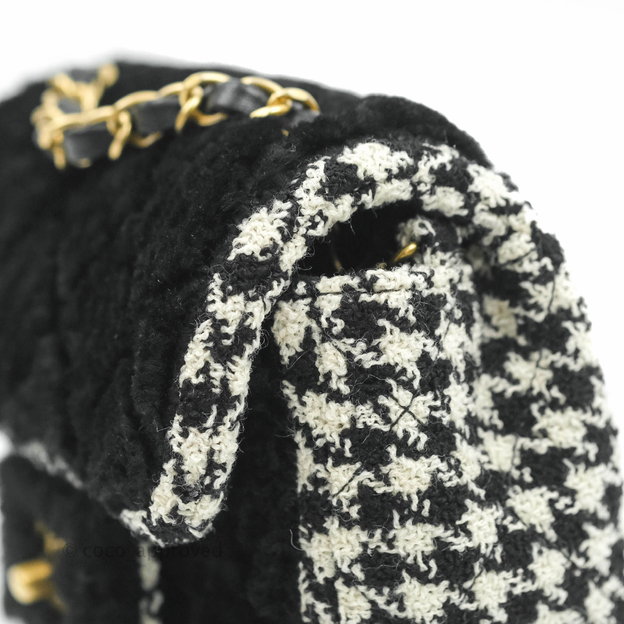 Chanel Mini Square Flap Shearling & Tweed Black & White Aged Gold Hardware 20A