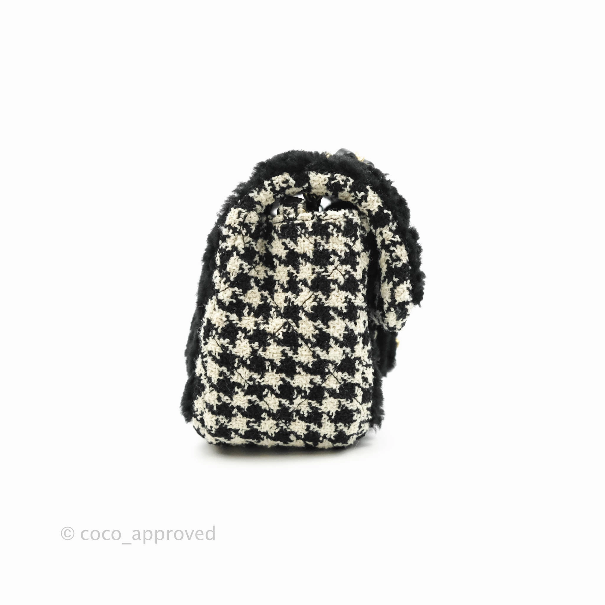 Chanel Mini Square Flap Shearling & Tweed Black & White Aged Gold Hardware 20A