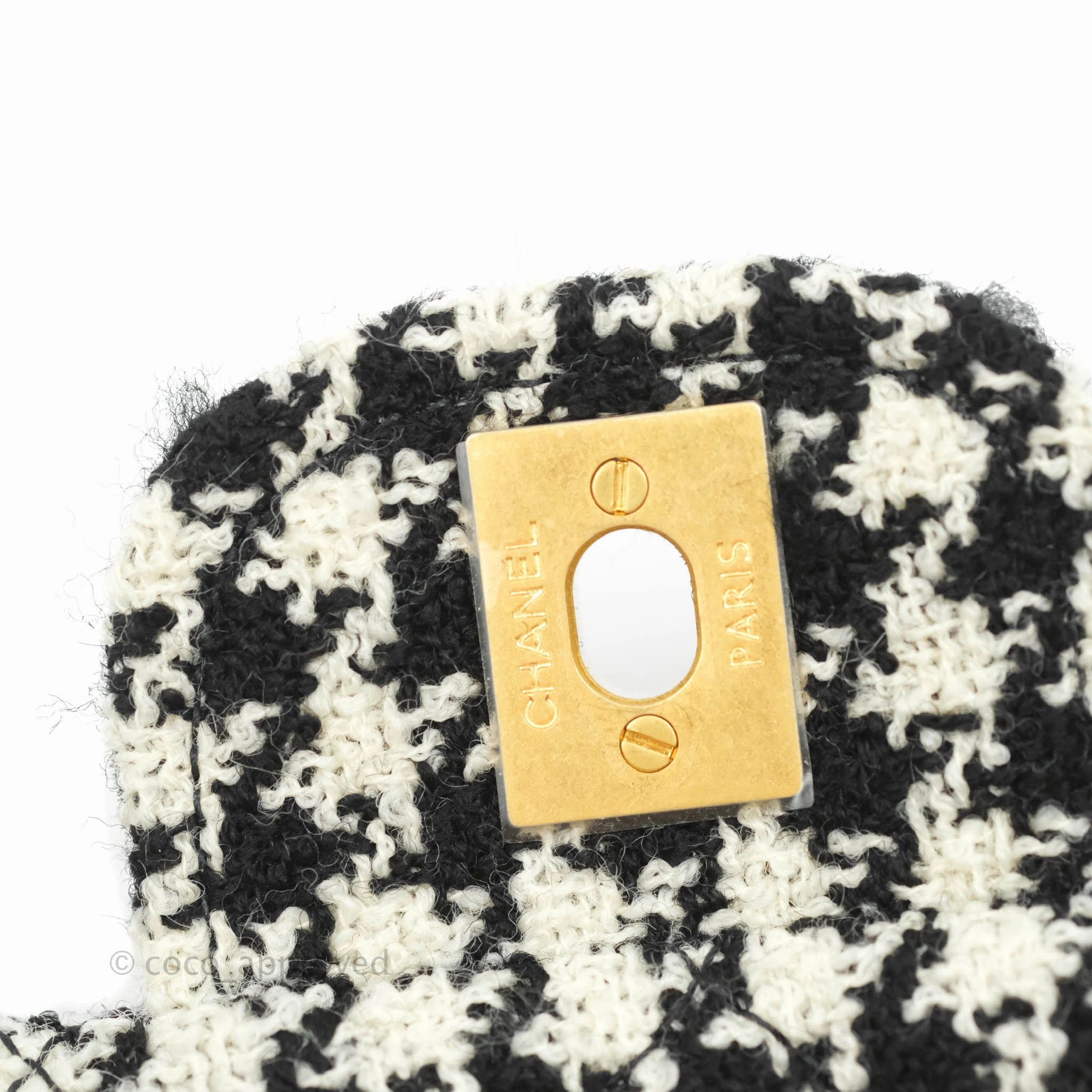 Chanel Mini Square Flap Shearling & Tweed Black & White Aged Gold Hardware 20A