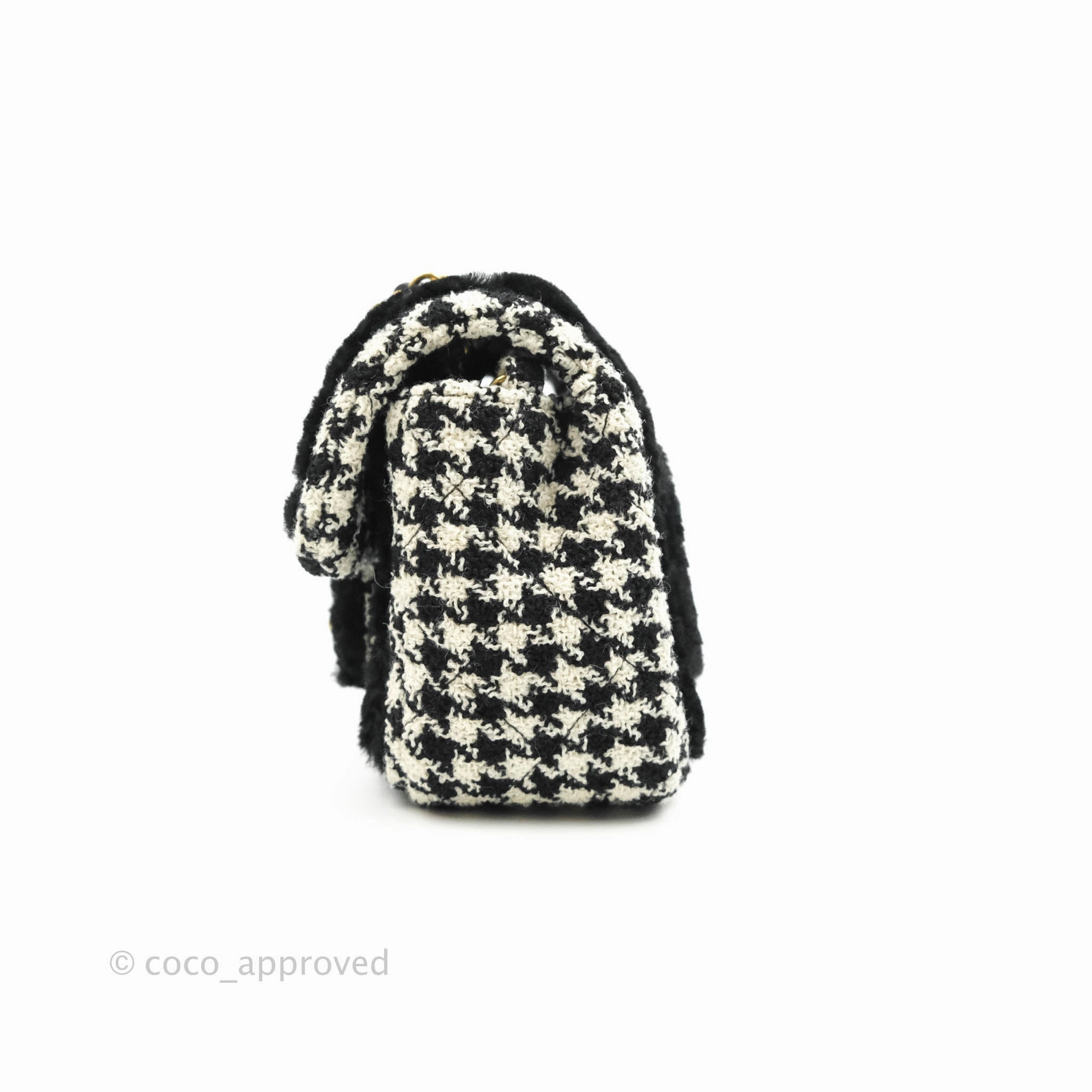 Chanel Mini Square Flap Shearling & Tweed Black & White Aged Gold Hardware 20A