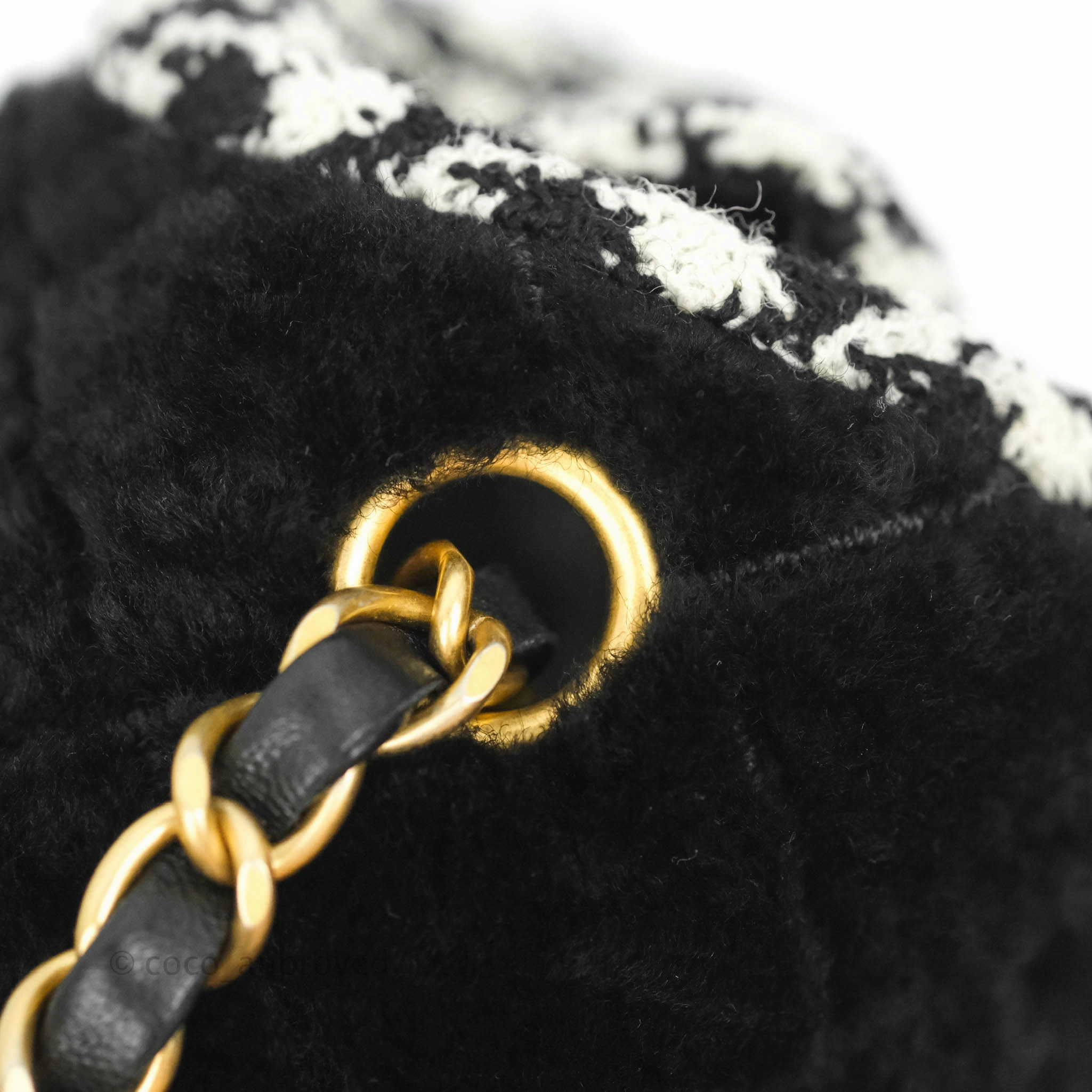 Chanel Mini Square Flap Shearling & Tweed Black & White Aged Gold Hardware 20A