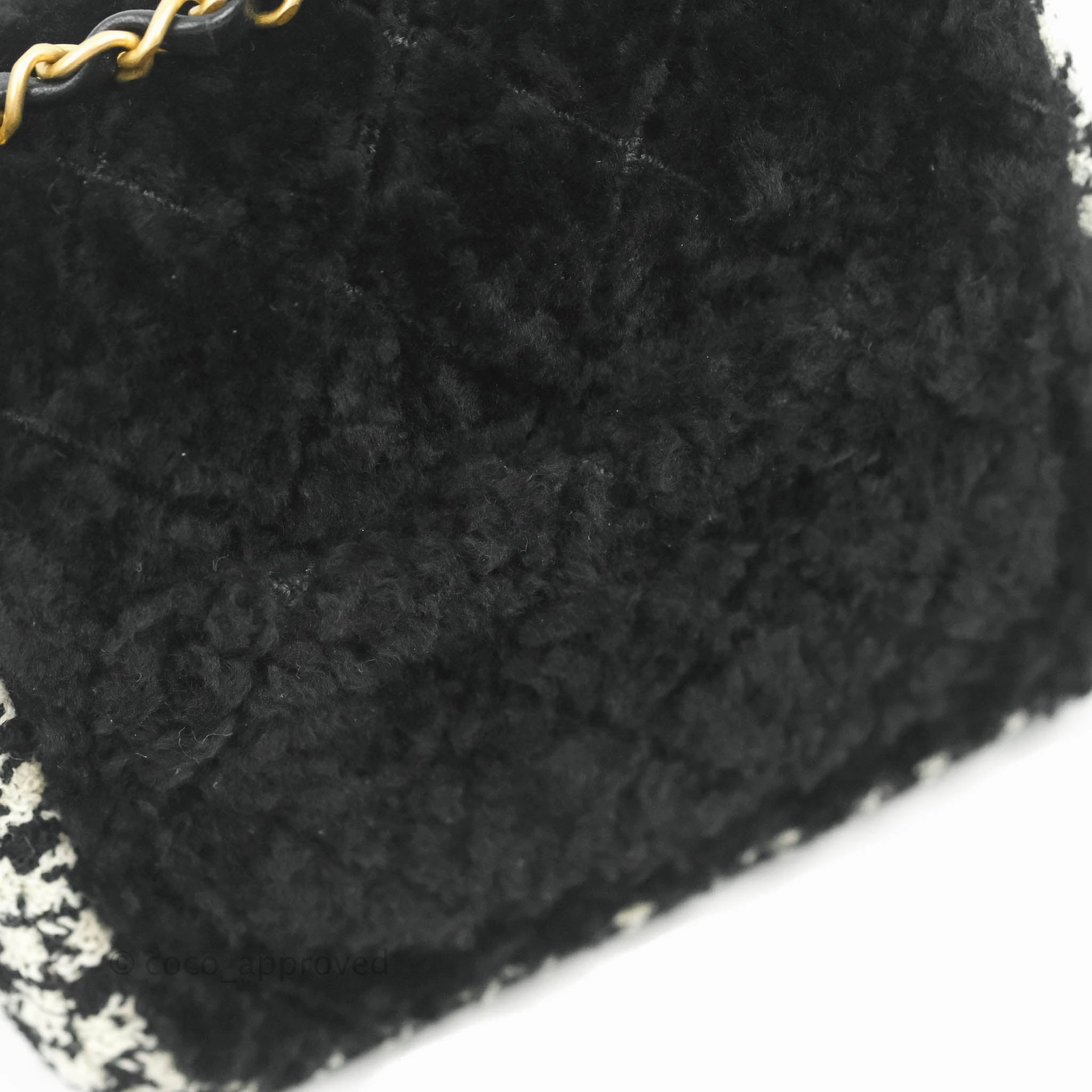 Chanel Mini Square Flap Shearling & Tweed Black & White Aged Gold Hardware 20A