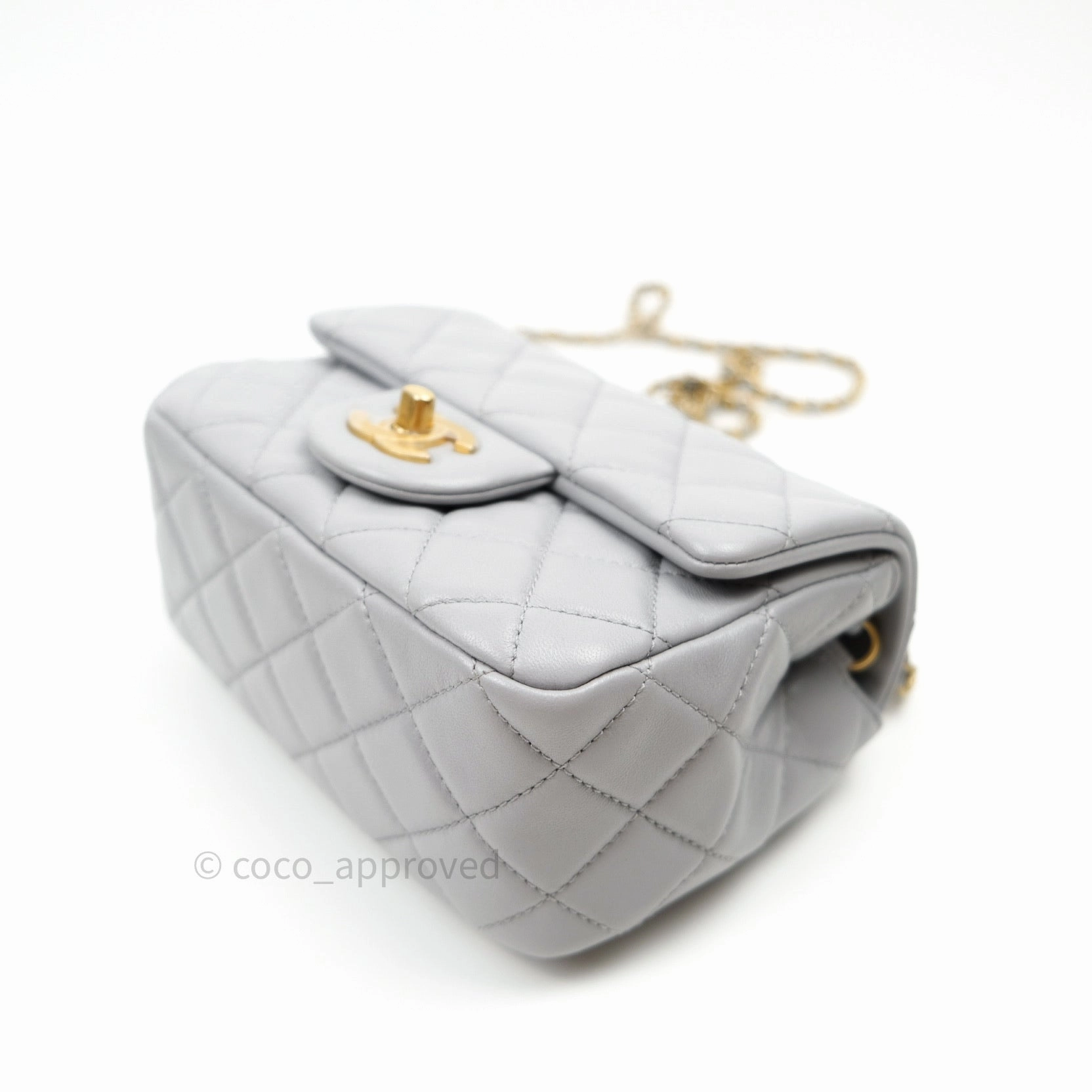 Chanel Mini Square Pearl Crush Quilted Grey Lambskin Gold Hardware