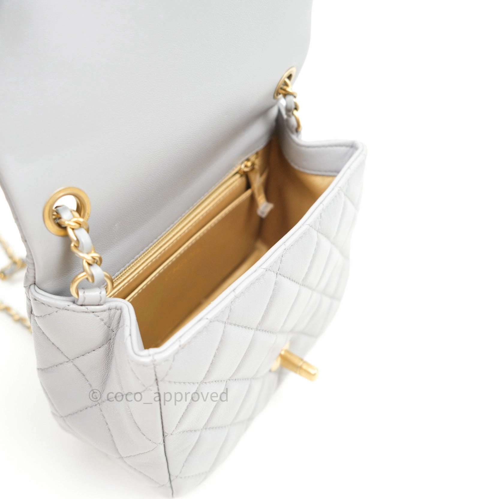 Chanel Mini Square Pearl Crush Quilted Grey Lambskin Gold Hardware