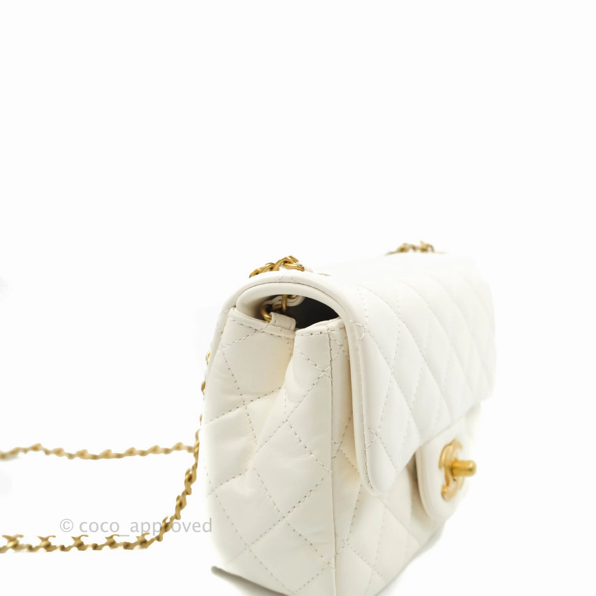 Chanel Mini Square Pearl Crush Quilted White Lambskin Gold Hardware