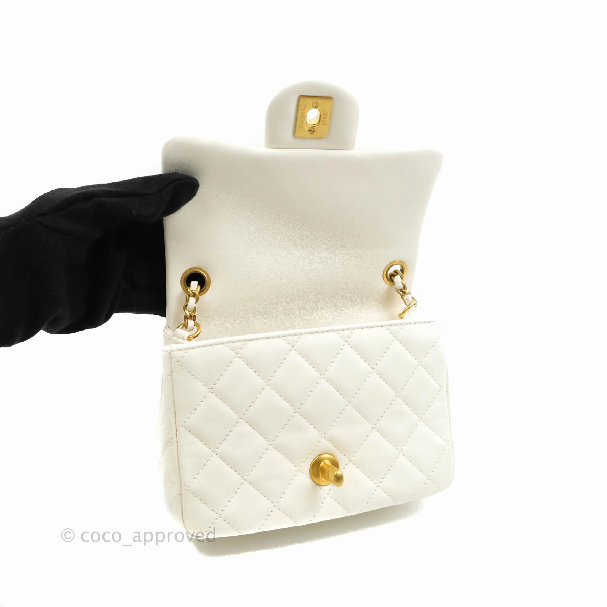 Chanel Mini Square Pearl Crush Quilted White Lambskin Gold Hardware