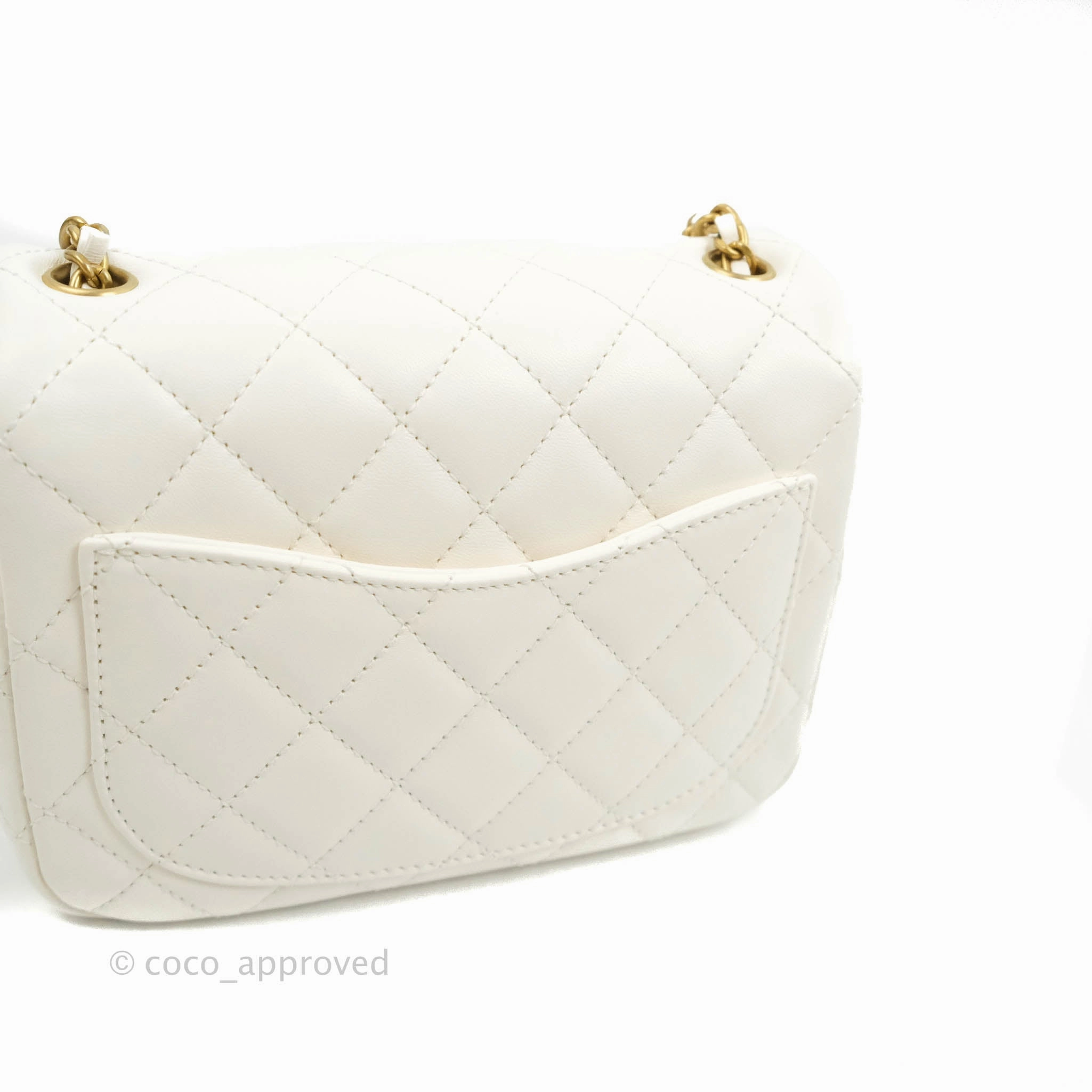Chanel Mini Square Pearl Crush Quilted White Lambskin Gold Hardware