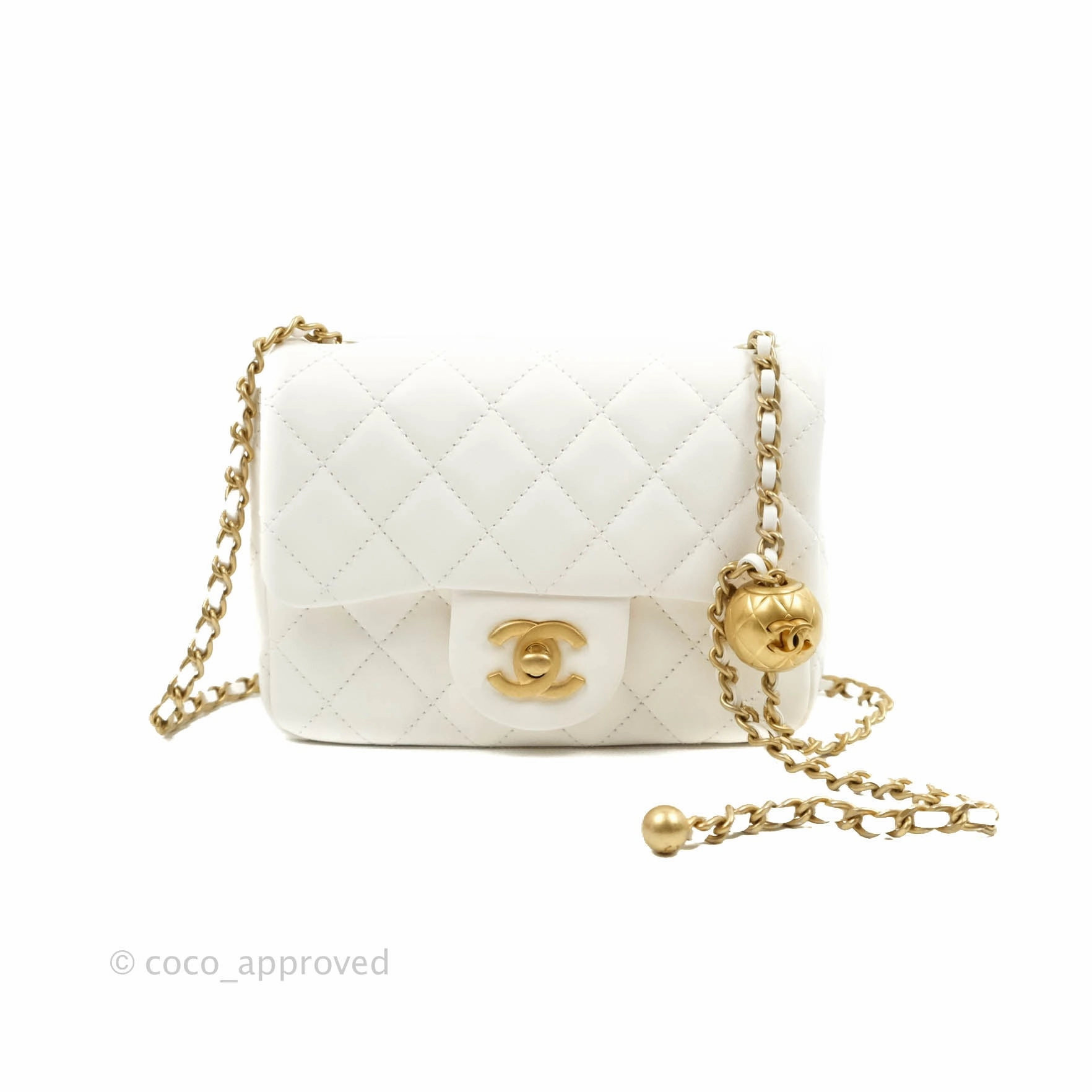 Chanel Mini Square Pearl Crush Quilted White Lambskin Gold Hardware