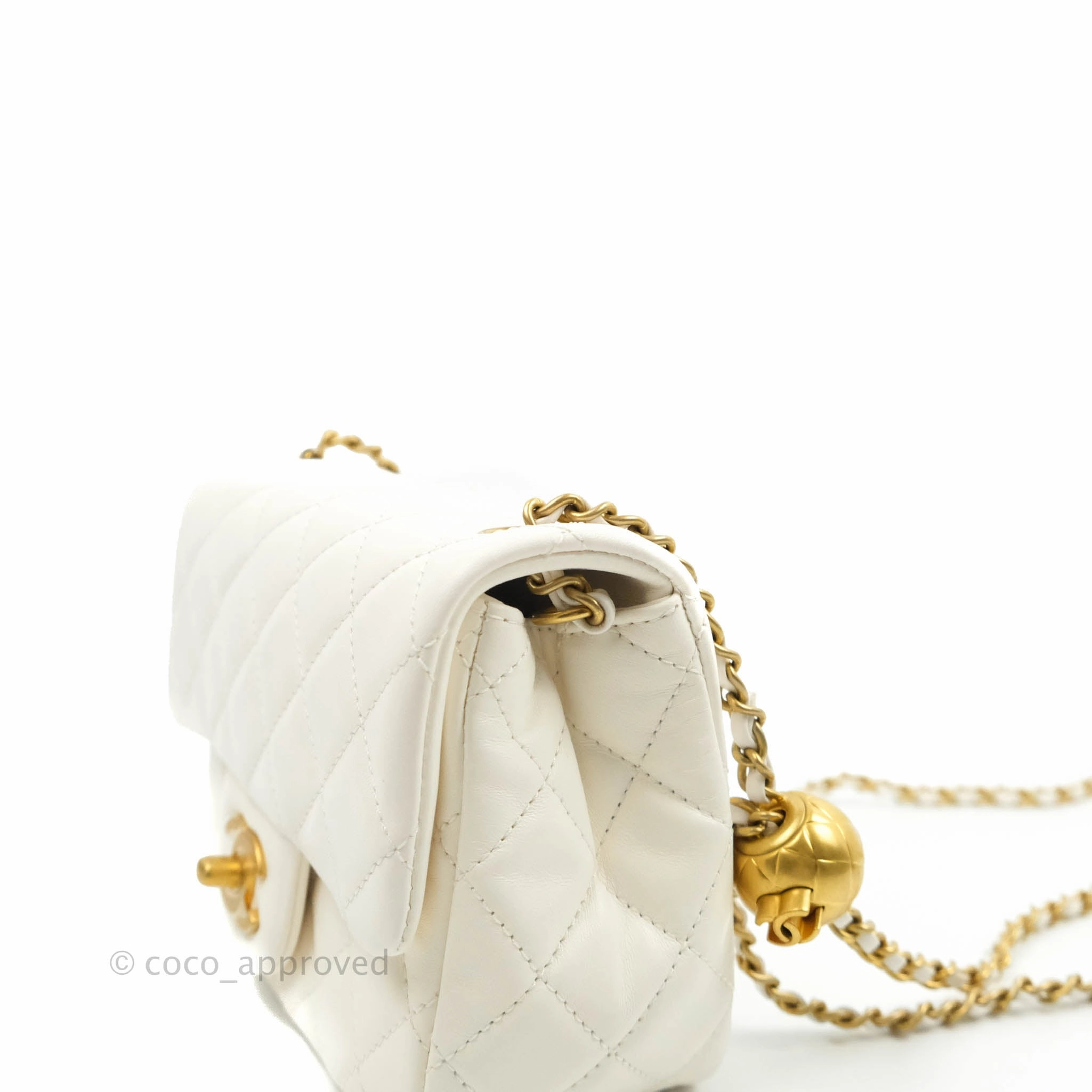 Chanel Mini Square Pearl Crush Quilted White Lambskin Gold Hardware
