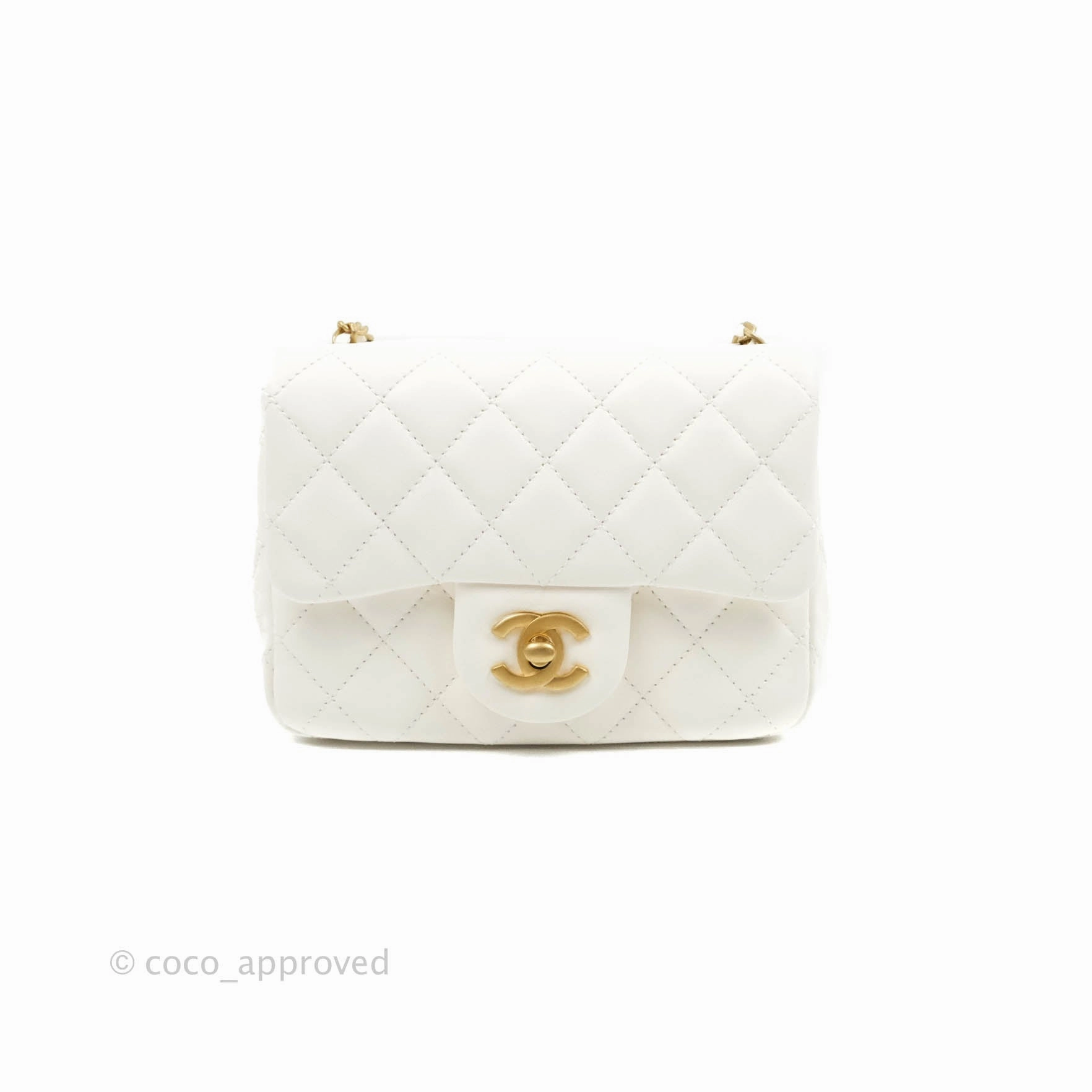 Chanel Mini Square Pearl Crush Quilted White Lambskin Gold Hardware