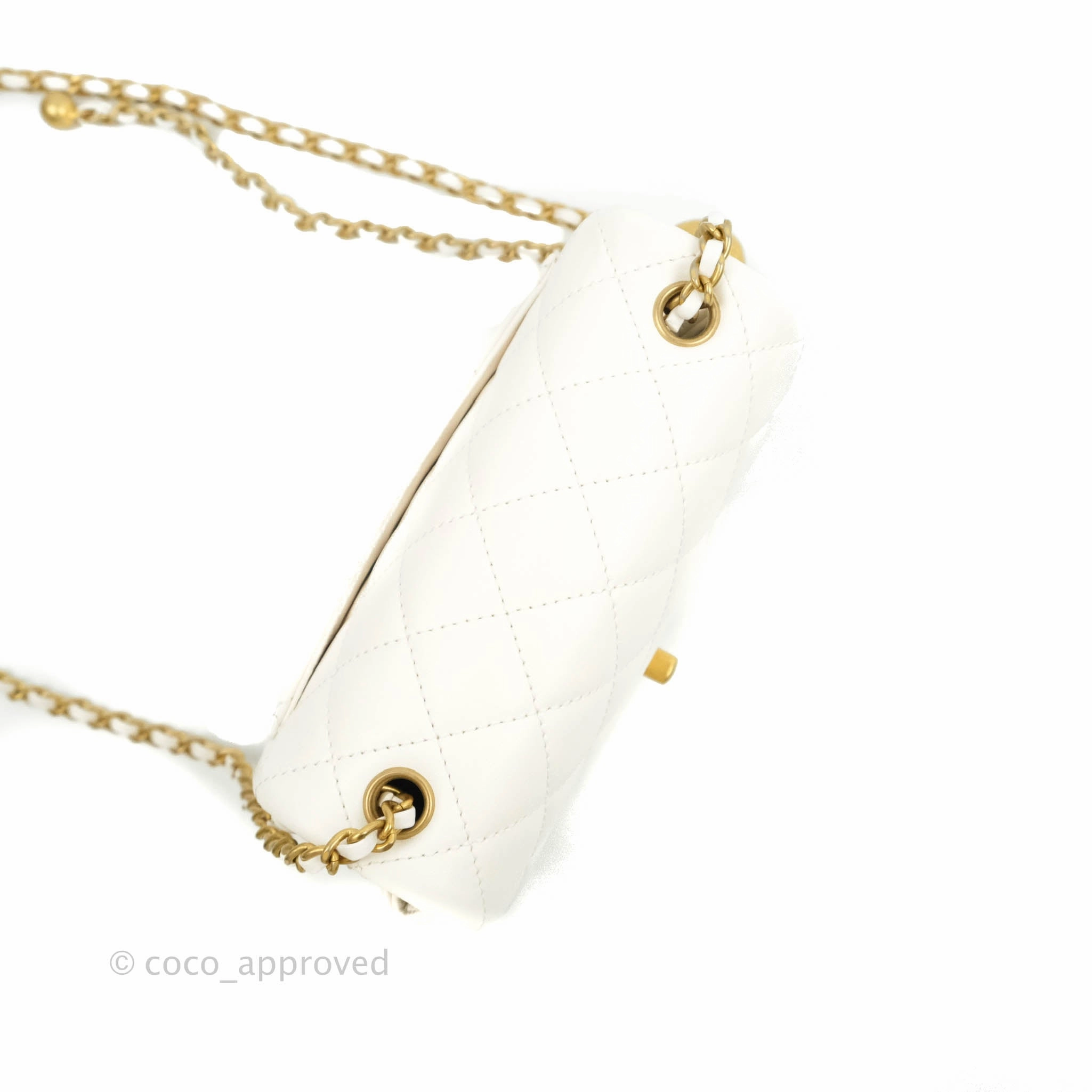Chanel Mini Square Pearl Crush Quilted White Lambskin Gold Hardware