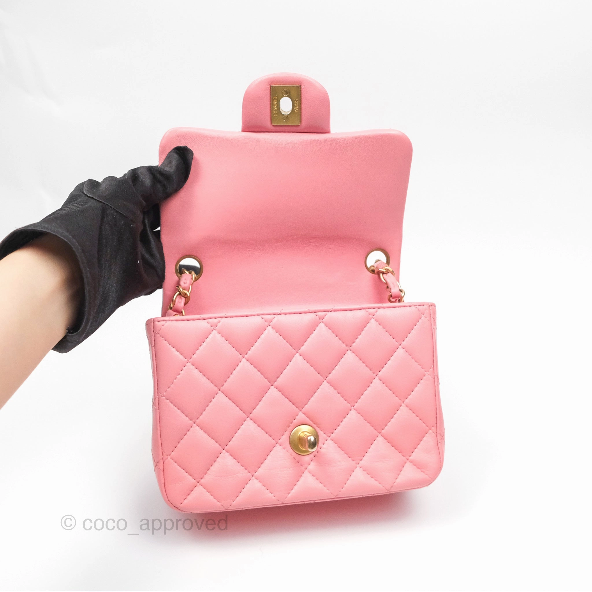 Chanel Mini Square Pink Lambskin Aged Gold Hardware