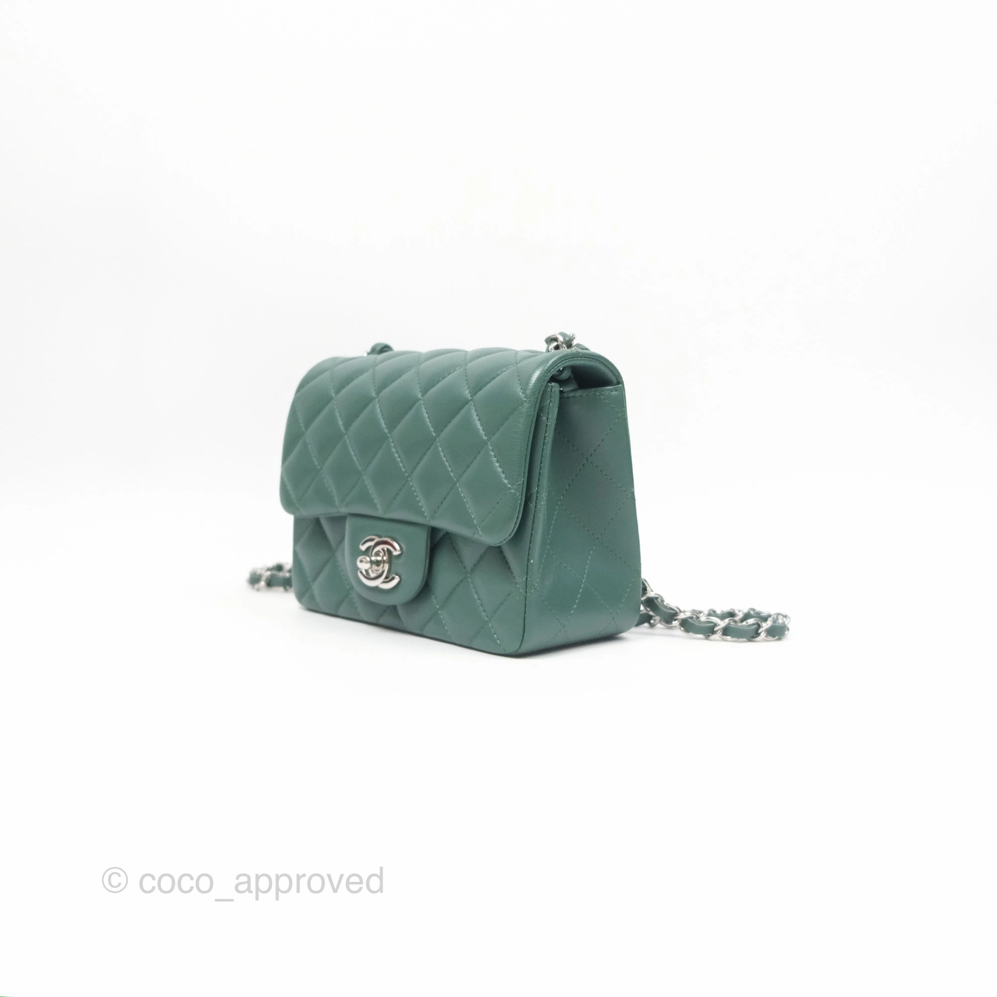 Chanel Mini Square Quilted Green Lambskin Silver Hardware