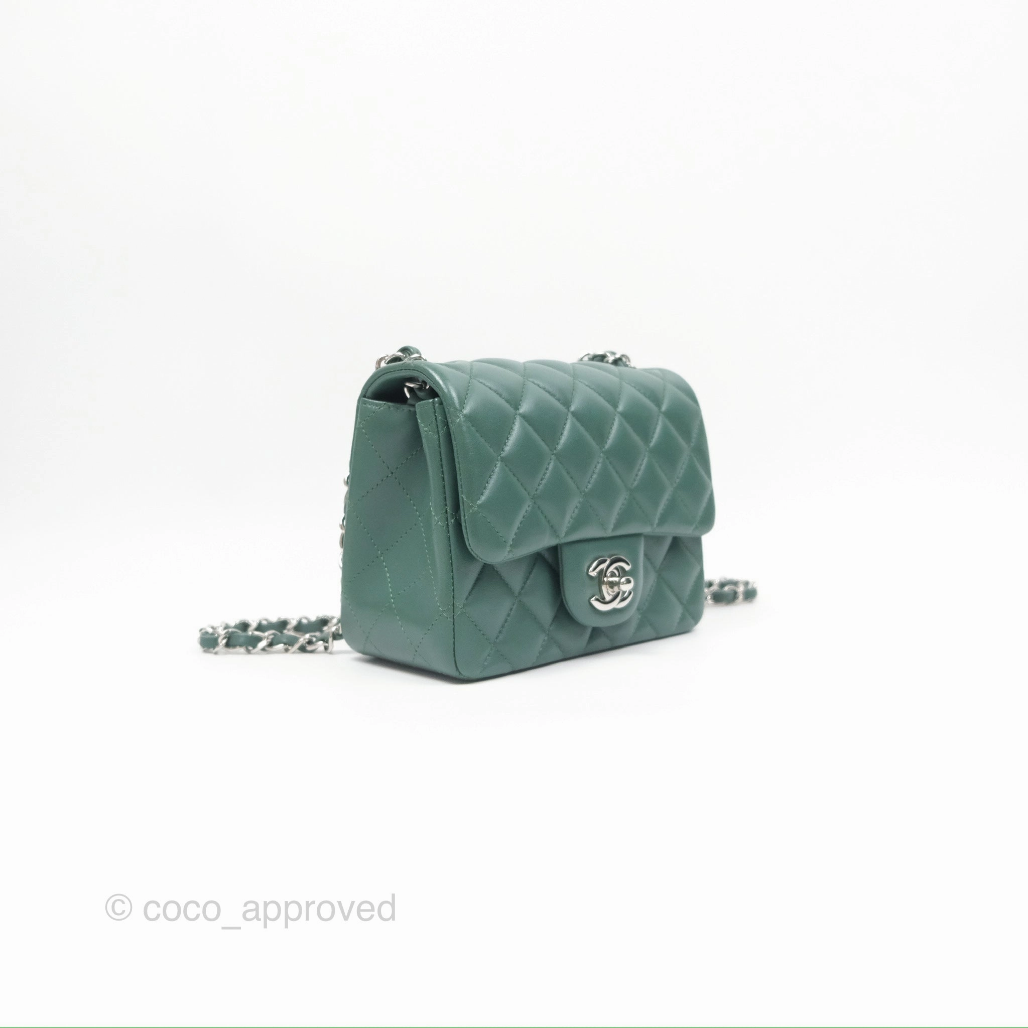 Chanel Mini Square Quilted Green Lambskin Silver Hardware