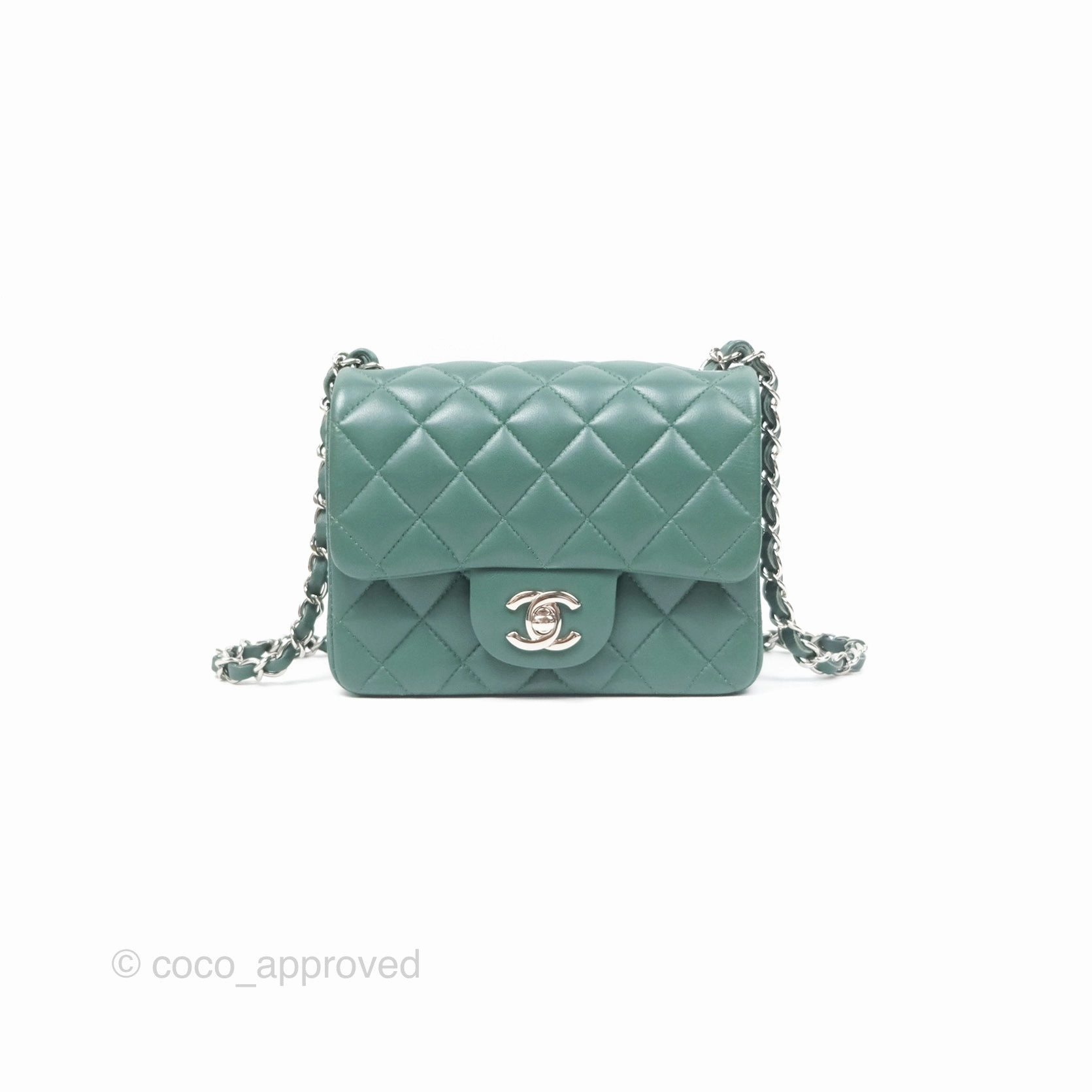 Chanel Mini Square Quilted Green Lambskin Silver Hardware