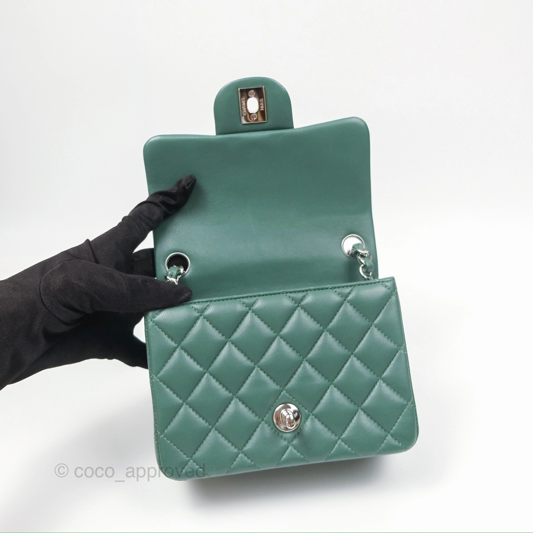 Chanel Mini Square Quilted Green Lambskin Silver Hardware