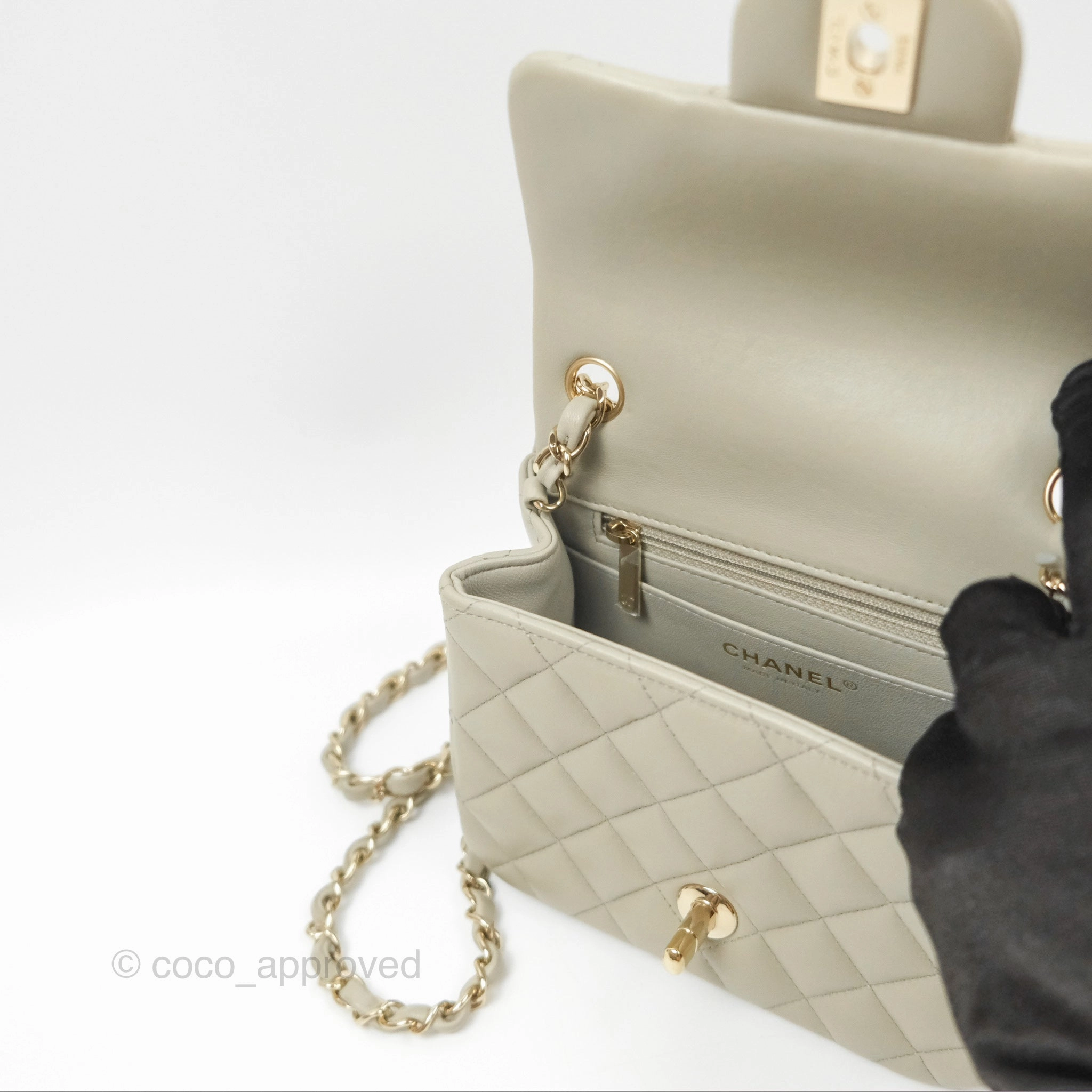 Chanel Mini Square Quilted Grey Lambskin Gold Hardware 22C