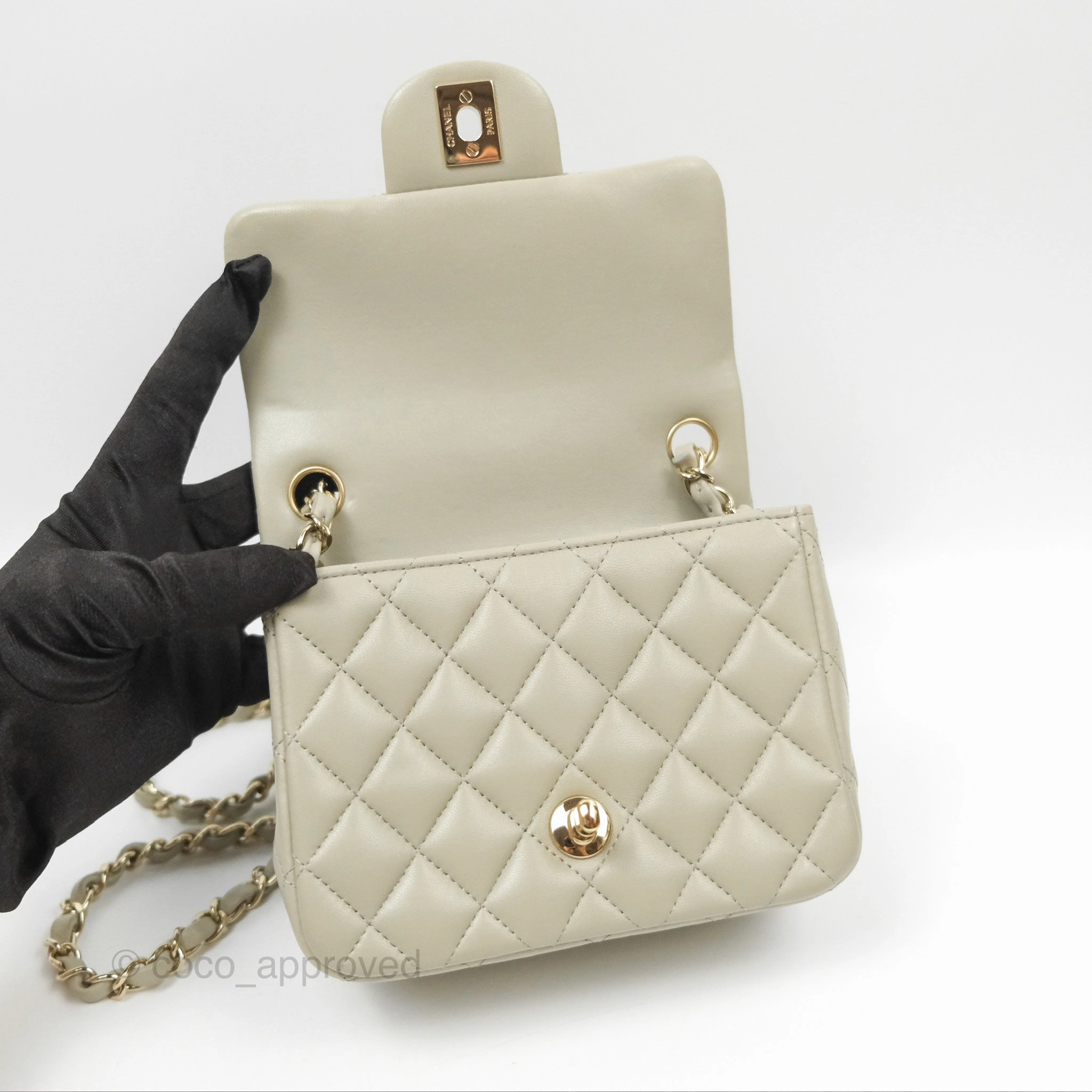 Chanel Mini Square Quilted Grey Lambskin Gold Hardware 22C