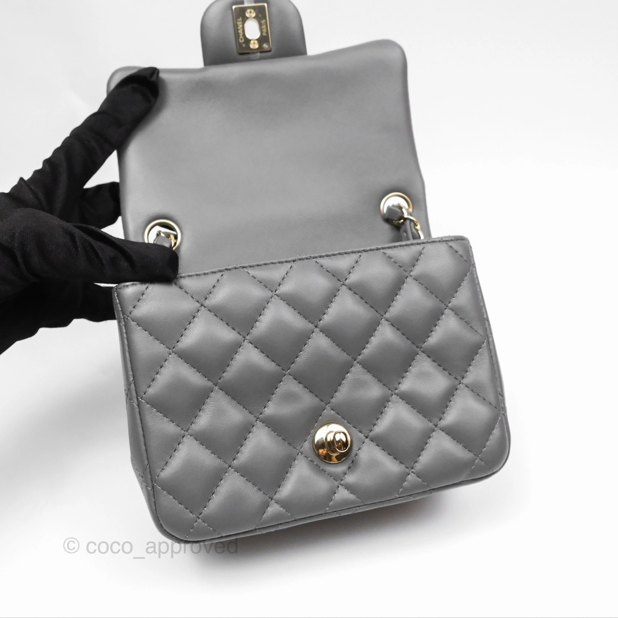 Chanel Mini Square Quilted Grey Lambskin Gold Hardware