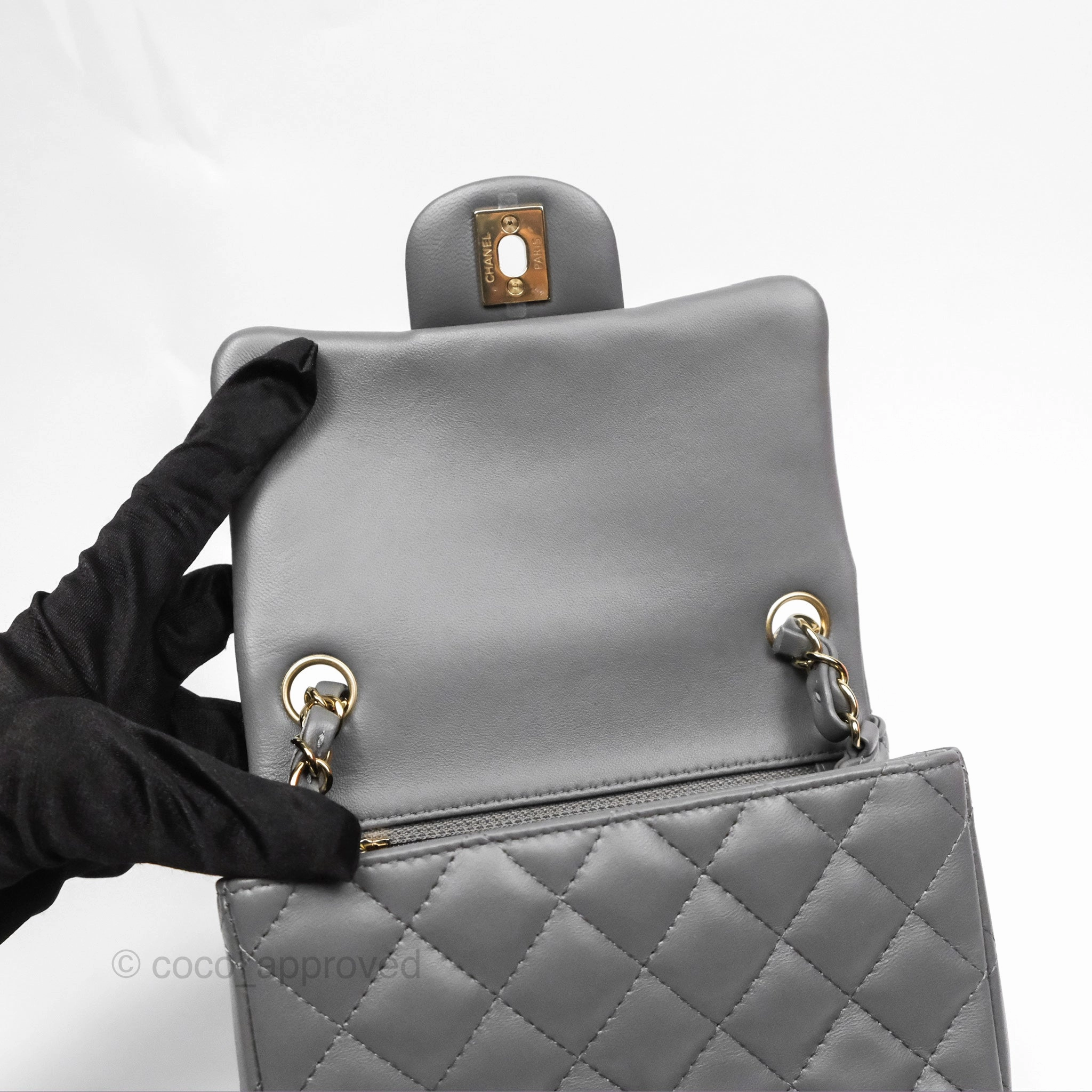 Chanel Mini Square Quilted Grey Lambskin Gold Hardware