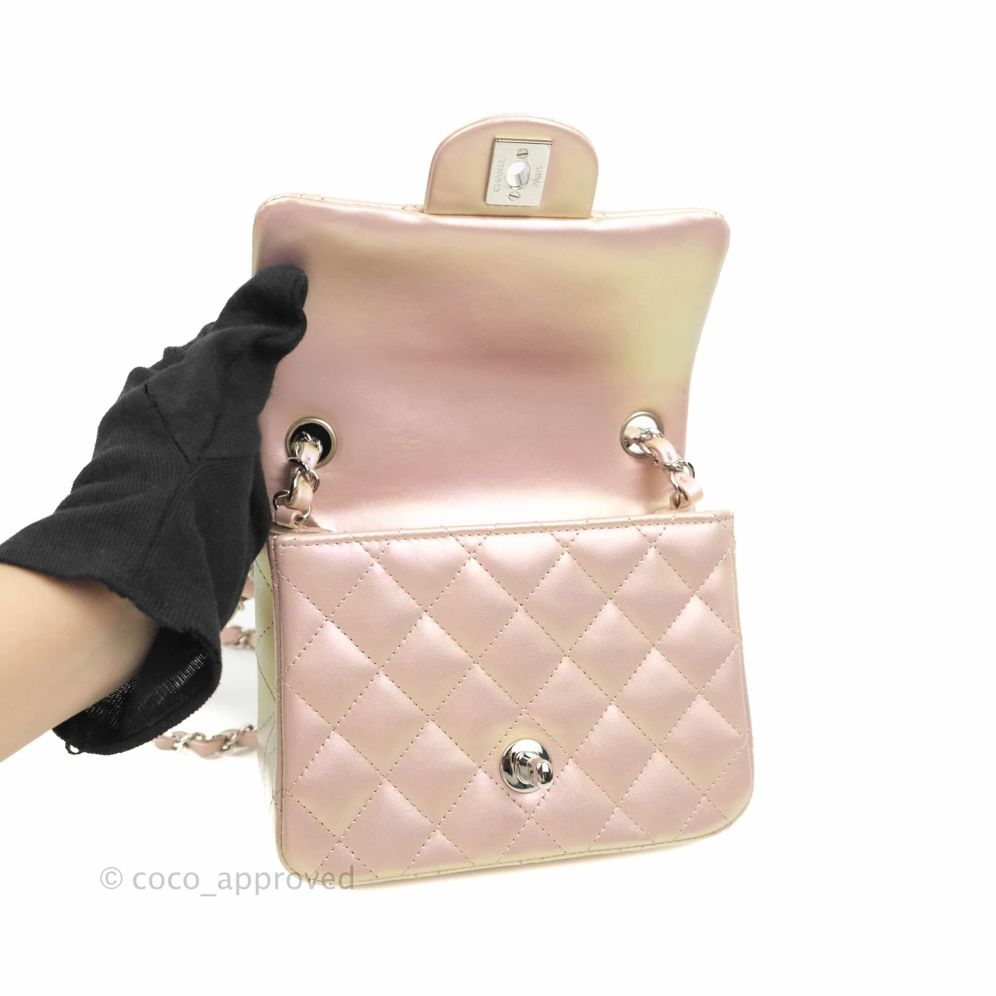 Chanel Mini Square Quilted Iridescent Pink Silver Hardware