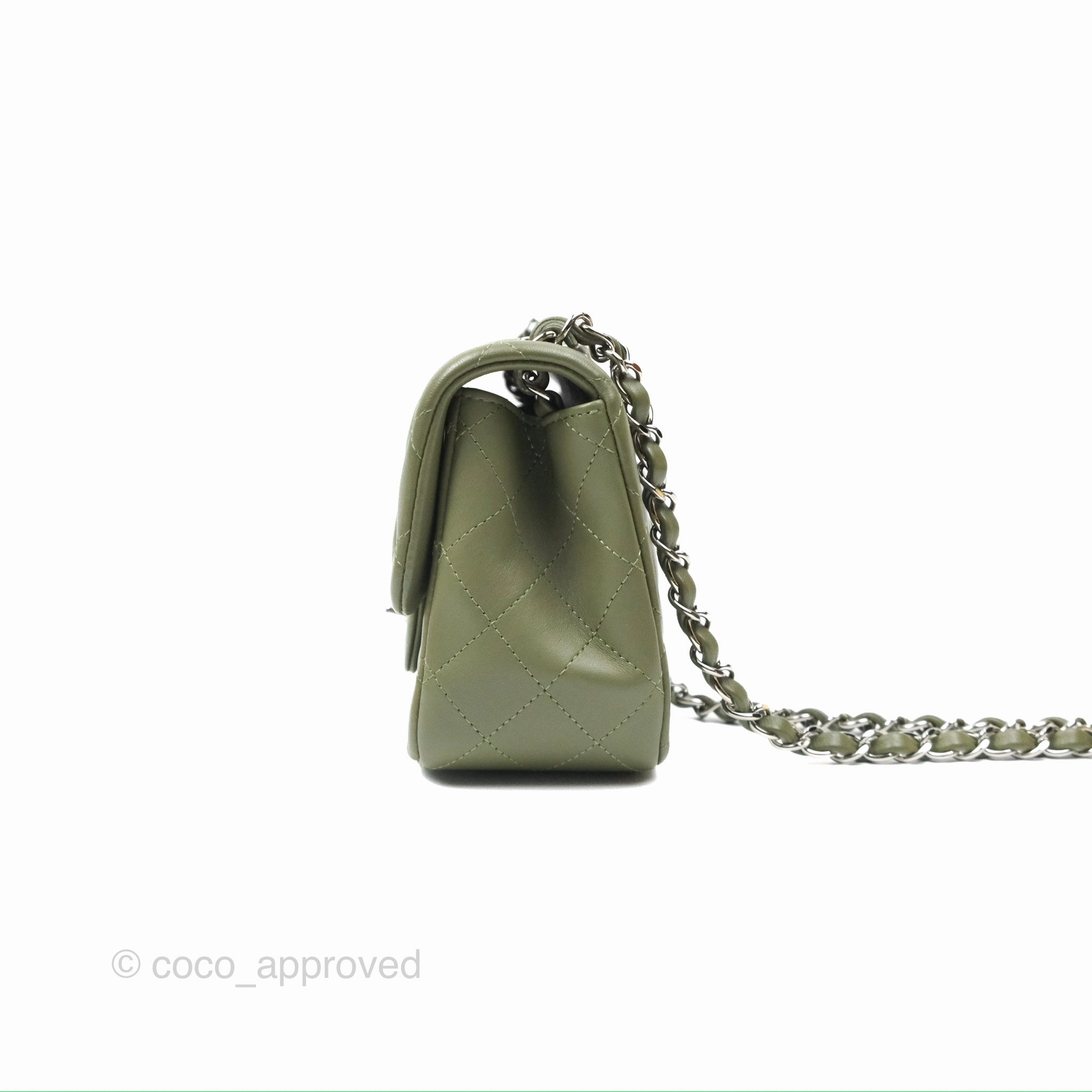 Chanel Mini Square Quilted Olive Green Lambskin Silver Hardware