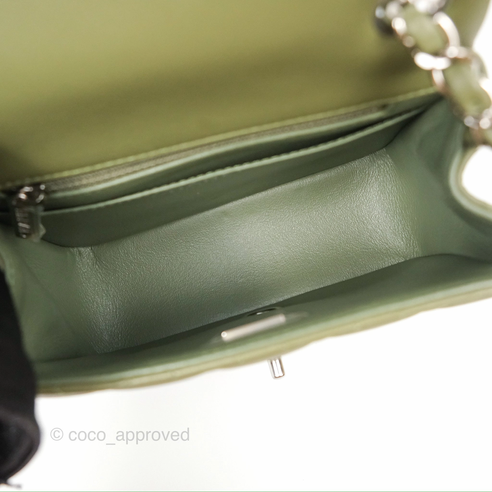 Chanel Mini Square Quilted Olive Green Lambskin Silver Hardware