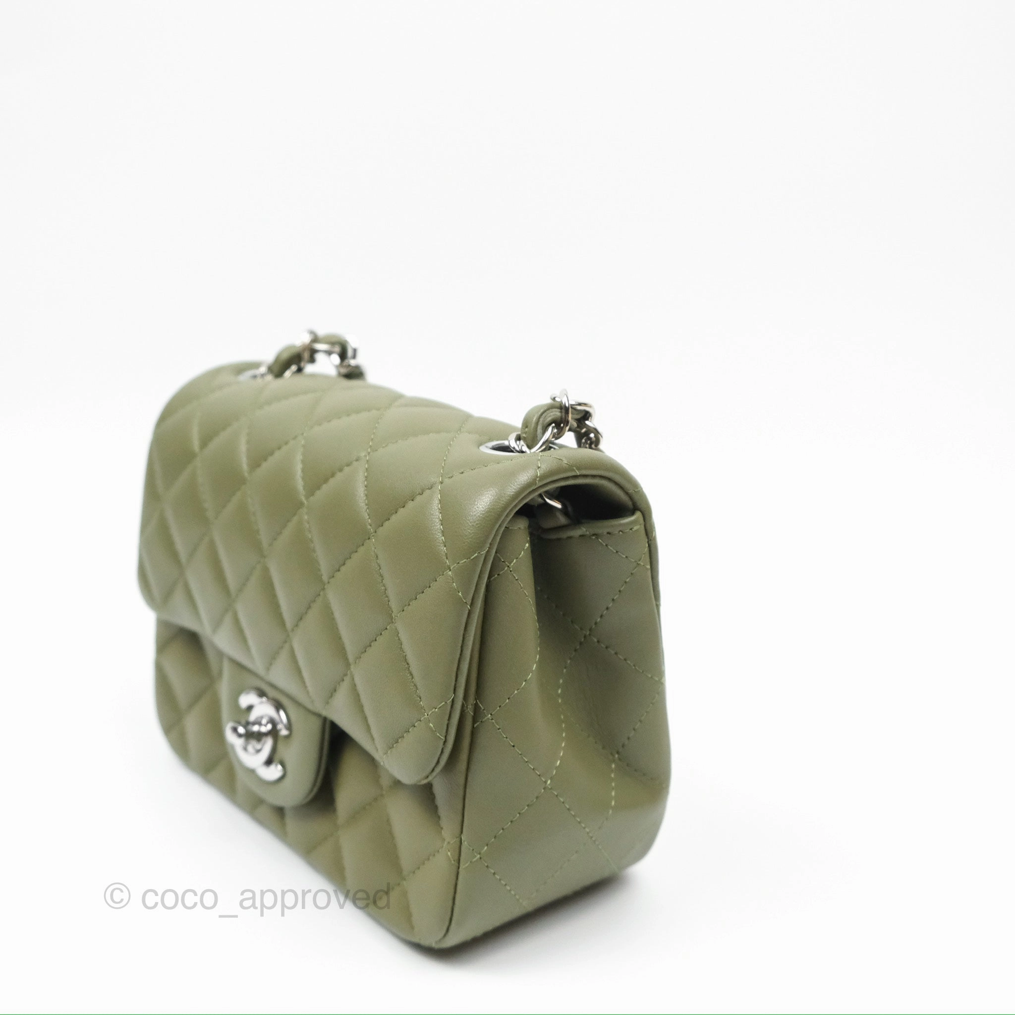 Chanel Mini Square Quilted Olive Green Lambskin Silver Hardware