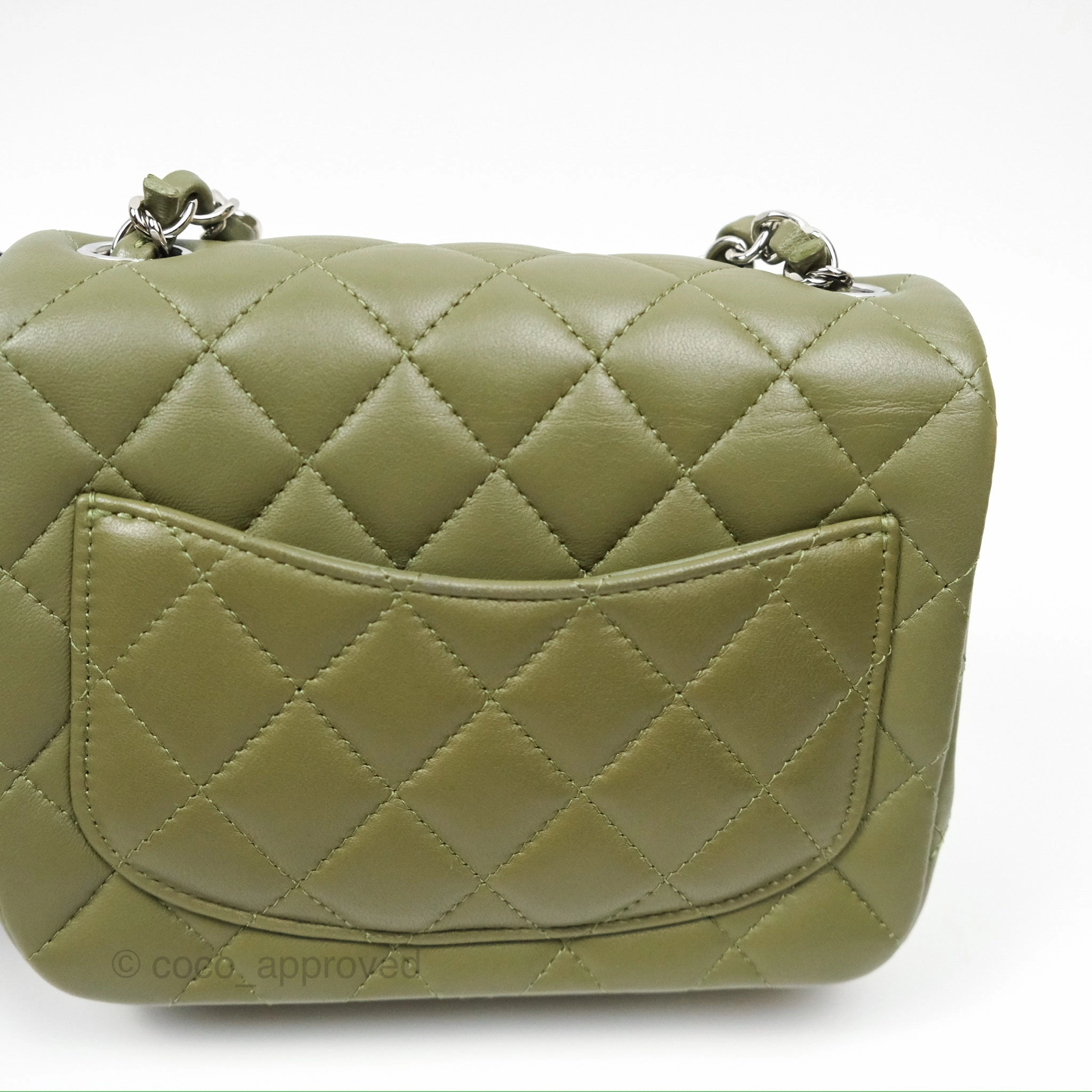 Chanel Mini Square Quilted Olive Green Lambskin Silver Hardware