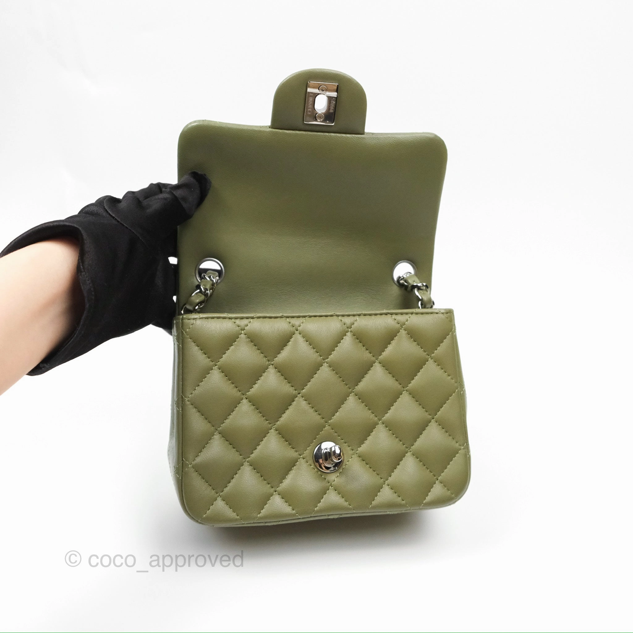 Chanel Mini Square Quilted Olive Green Lambskin Silver Hardware