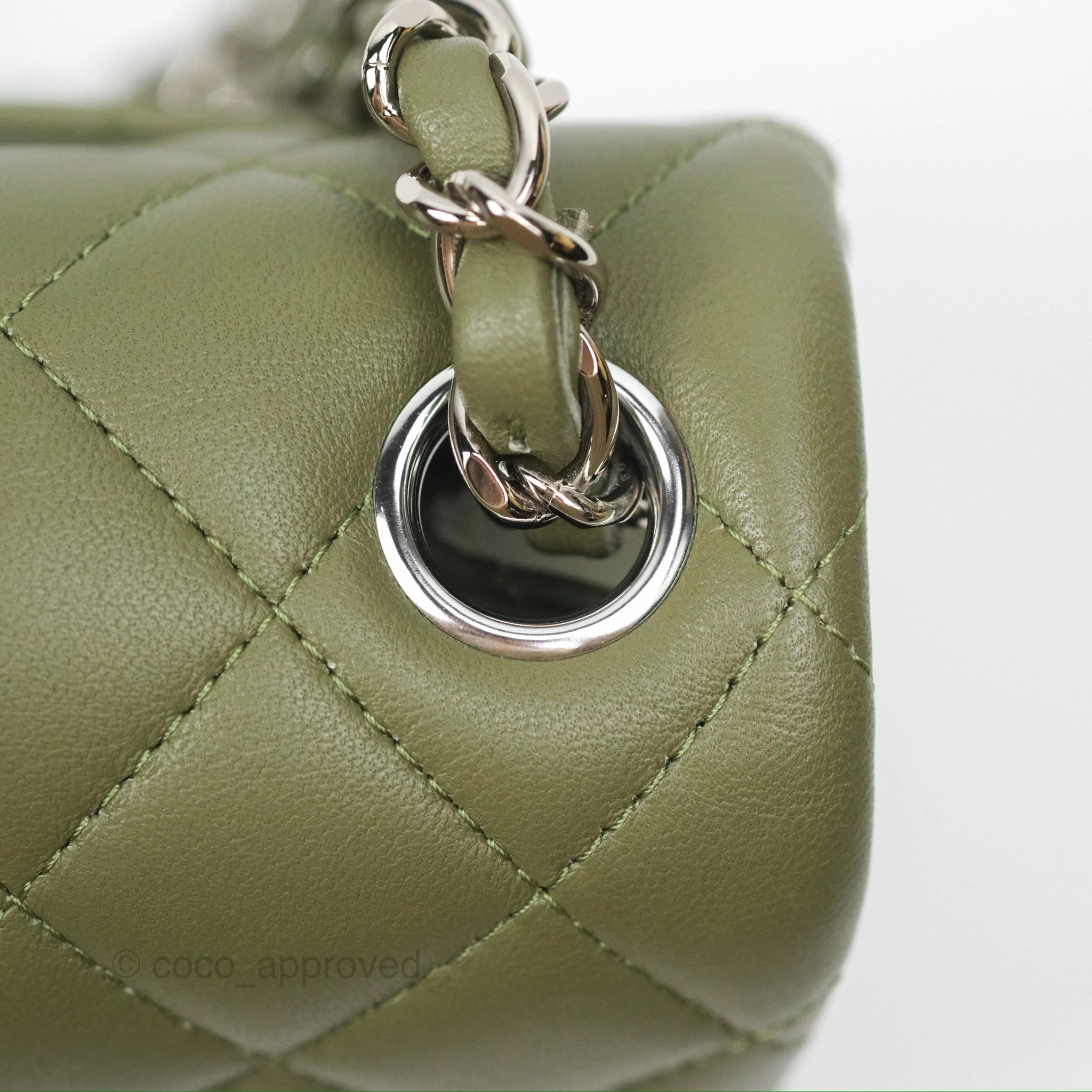 Chanel Mini Square Quilted Olive Green Lambskin Silver Hardware