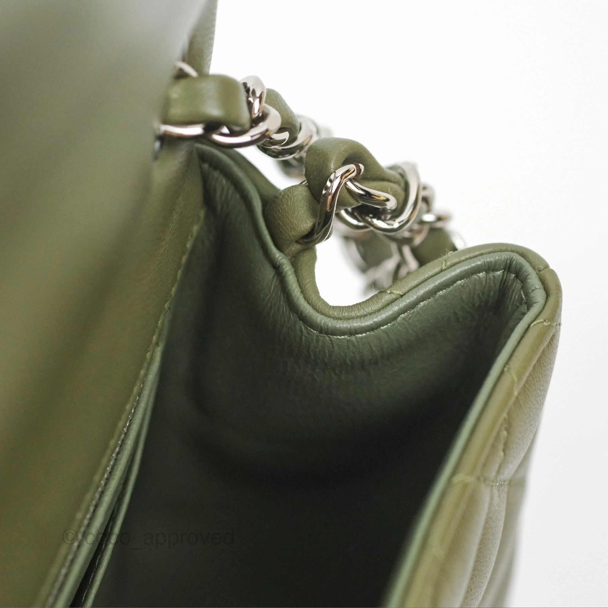 Chanel Mini Square Quilted Olive Green Lambskin Silver Hardware