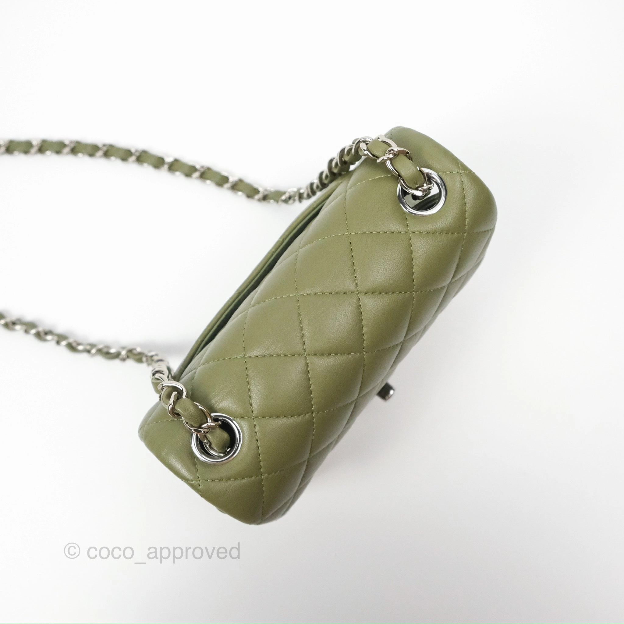 Chanel Mini Square Quilted Olive Green Lambskin Silver Hardware